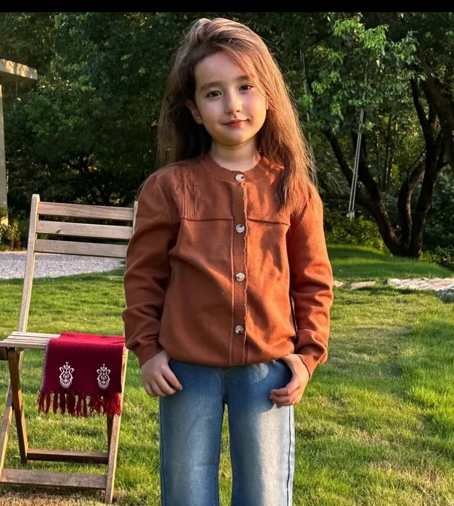 Girls' Retro Knit Cardigan with Raised Atlas Embroidery – Burgundy