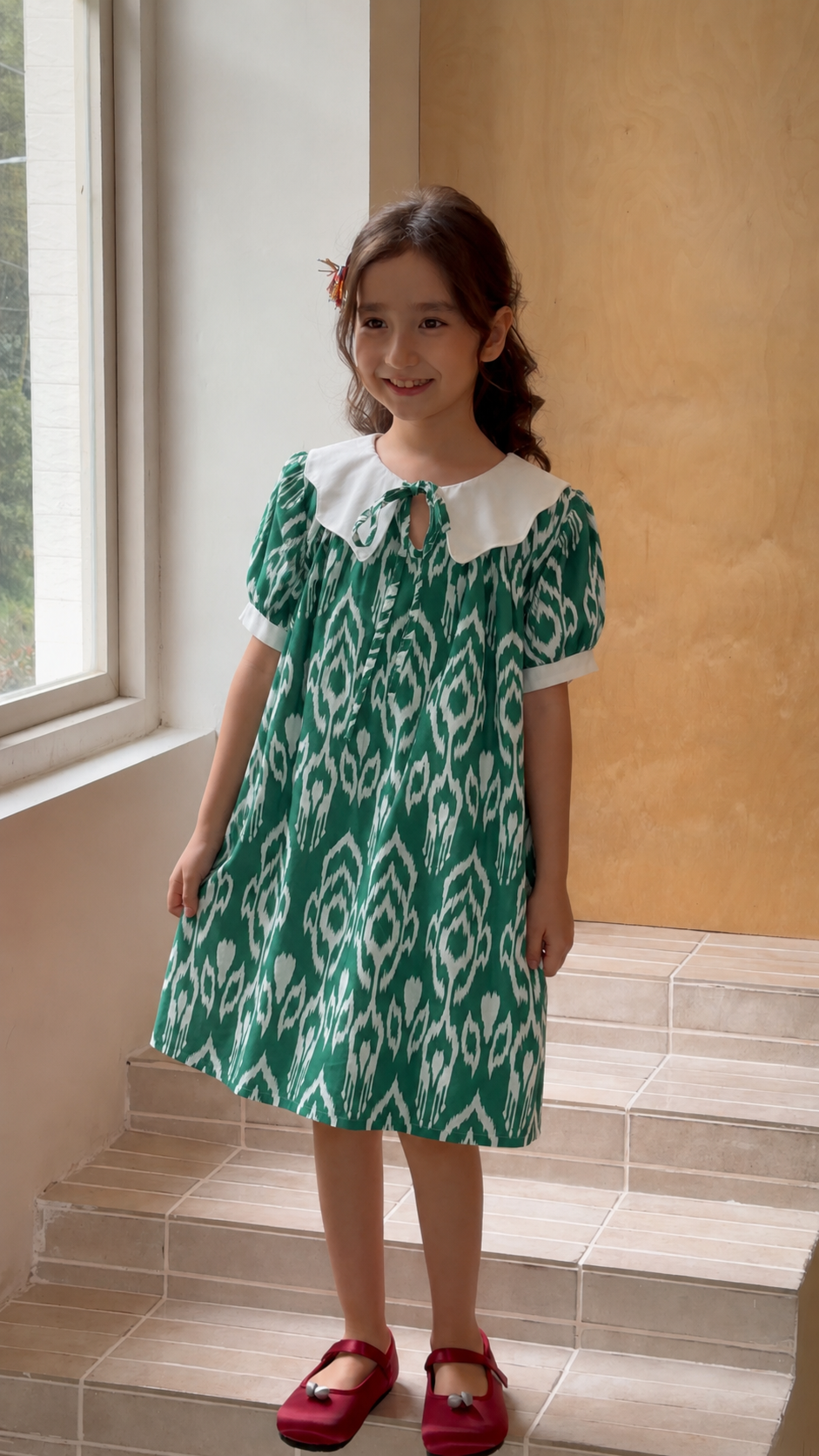Green Ikat Cotton Dress with White Collar
