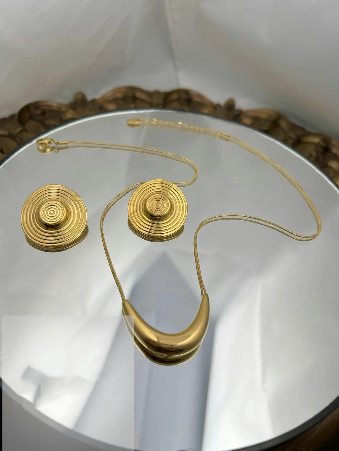 Gold Color Stainless Steel Necklace & Earrings Set(87)