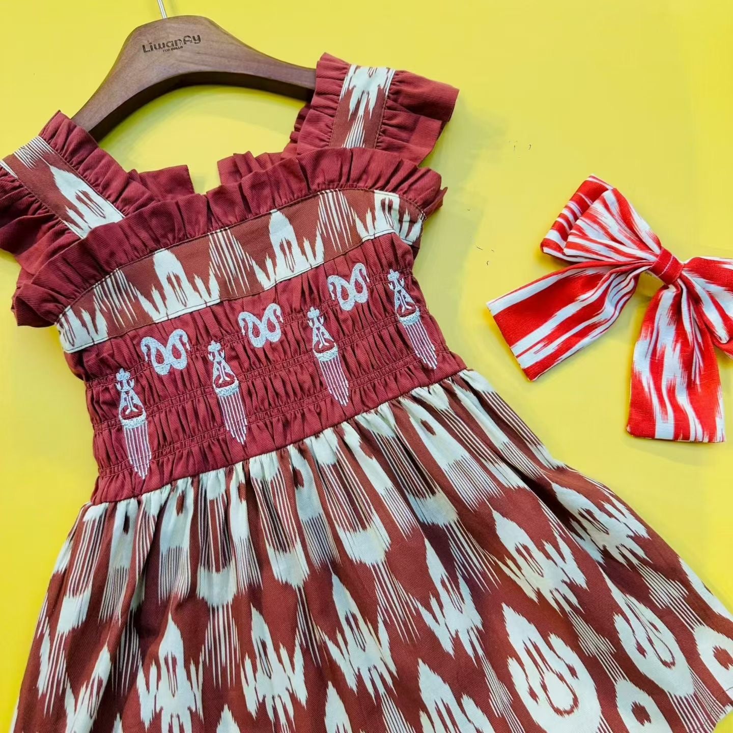 Girls Cotton Atlas Dress β Smocked Ikat Dress (Red & Pink)