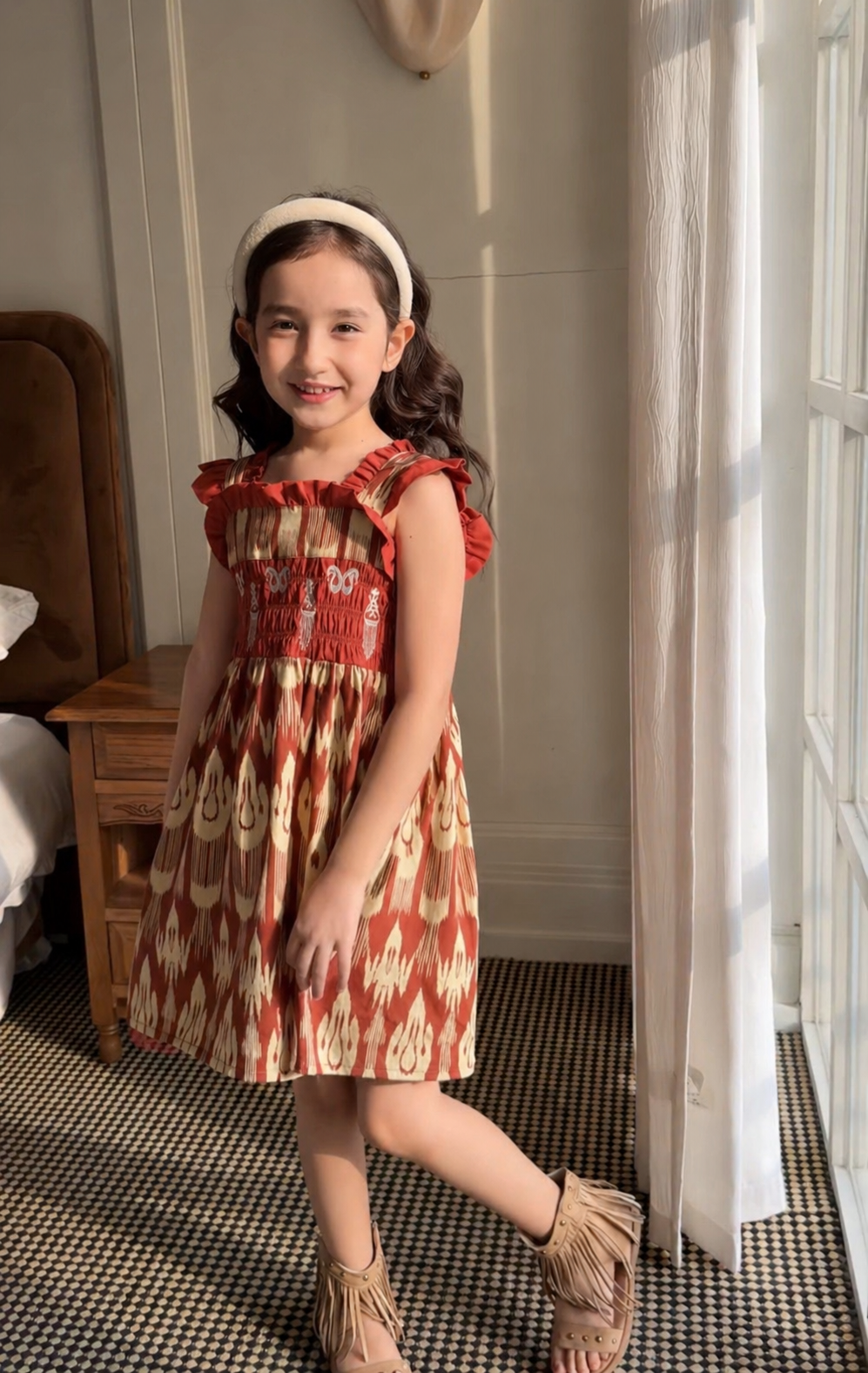 Girls Cotton Atlas Dress β Smocked Ikat Dress (Red & Pink)