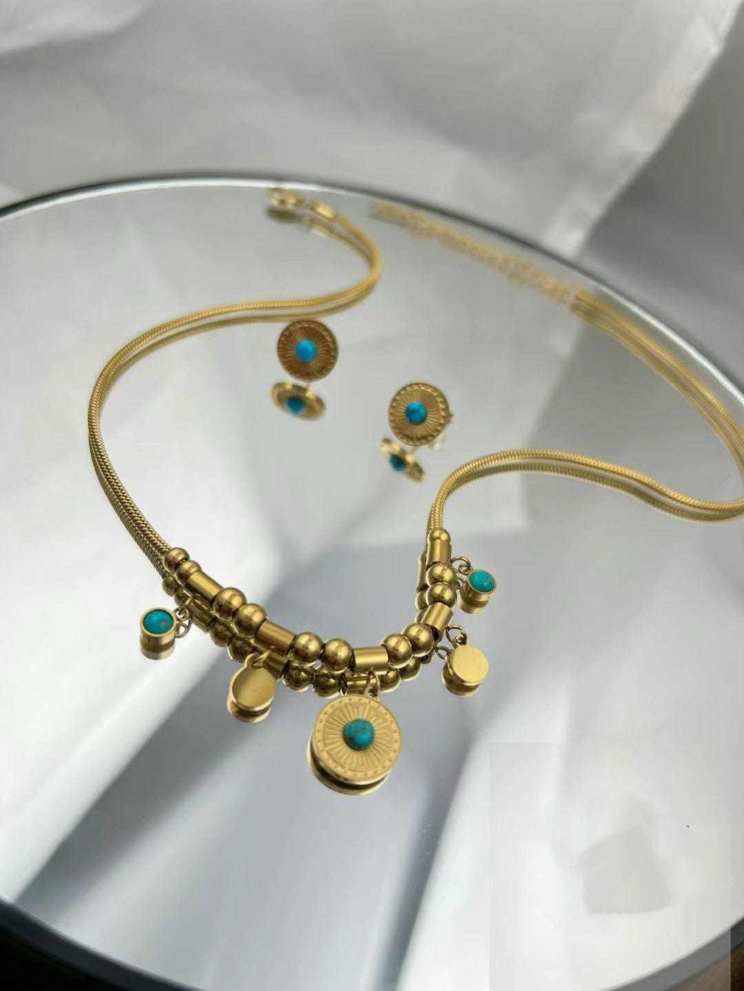 Gold Color Stainless Steel Necklace & Earrings Set(95)