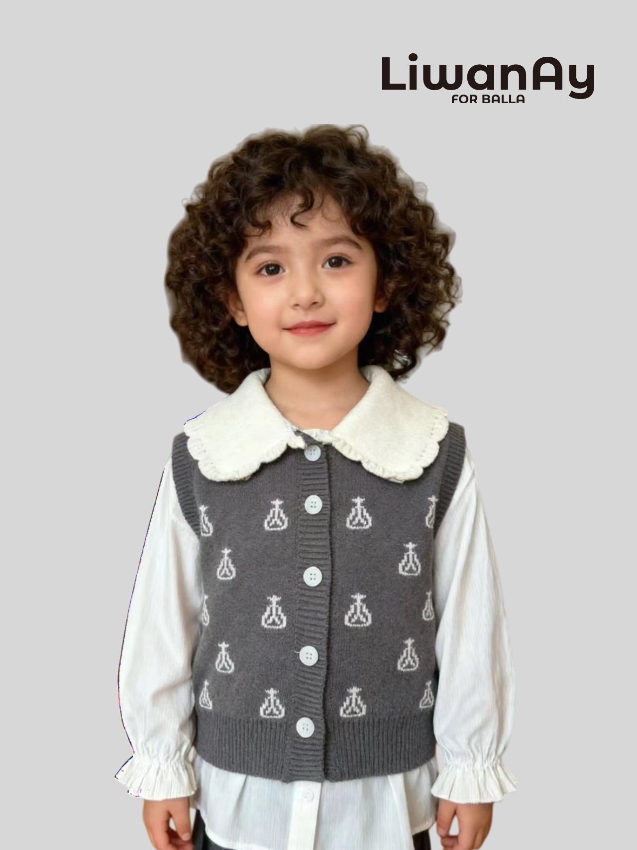 Grey Ikat Knit Vest with Scalloped Collar