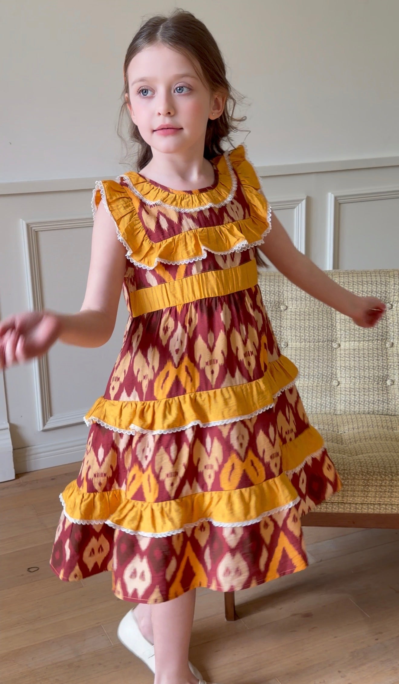 Girls Atlas Ikat Princess Dress – Cotton Ruffle Summer Dress