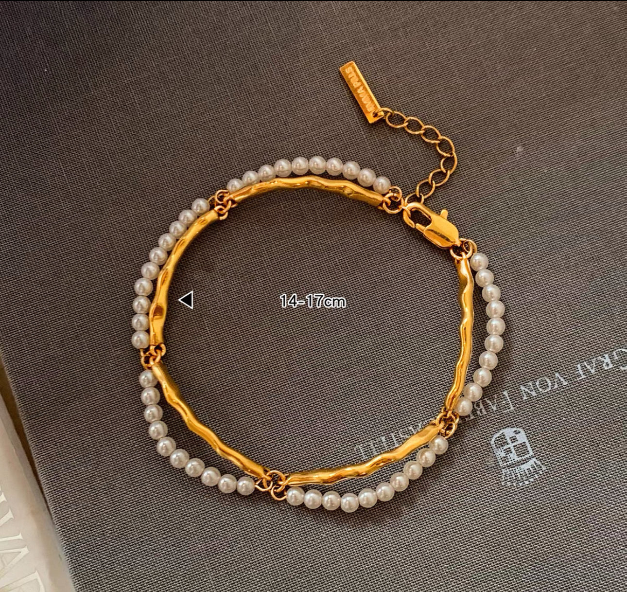 Double-Layer Pearl Bracelet with Gold Bamboo Links (5)