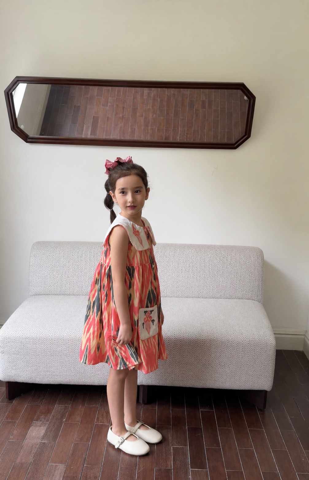 Girls Atlas Ikat Cotton Dress – Embroidered Collar Dress with Patch Pocket Design
