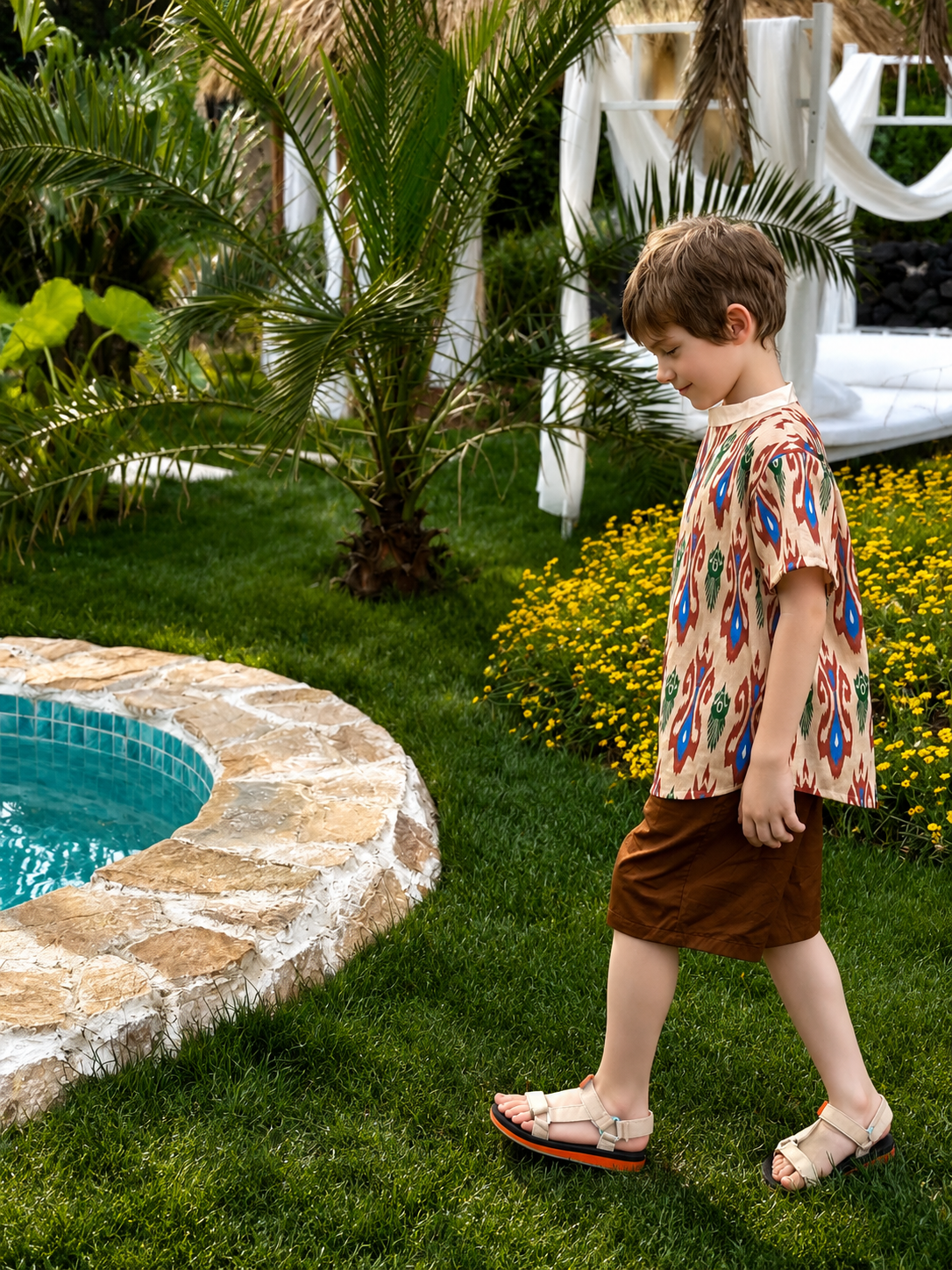 Siblings Set – Rust Ikat Dress & 2-Piece Boy’s Outfit