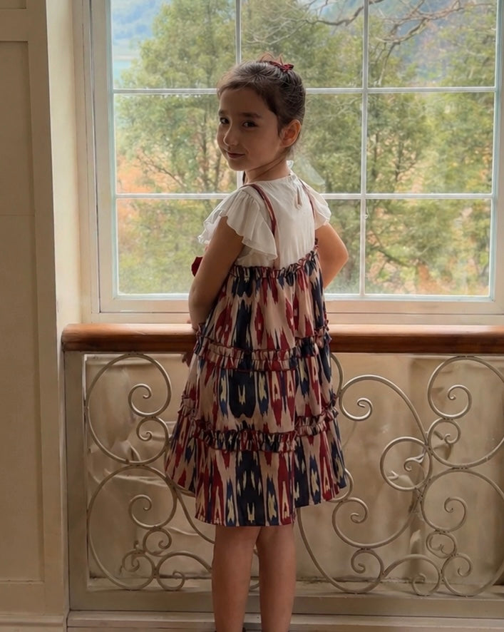 Girls Atlas Ikat Ruffle Dress – Cotton Vintage Style Summer Dress