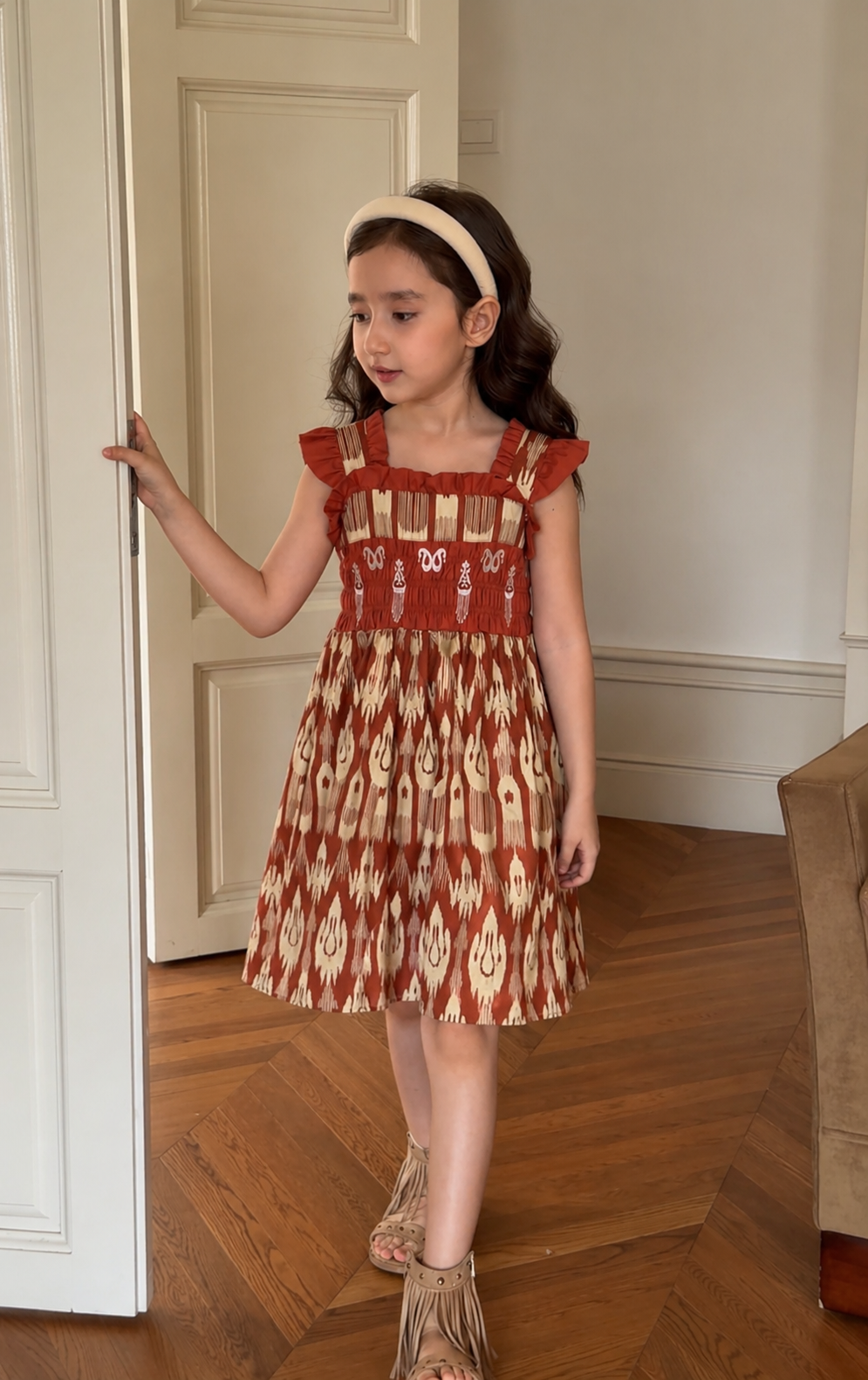 Girls Cotton Atlas Dress β Smocked Ikat Dress (Red & Pink)