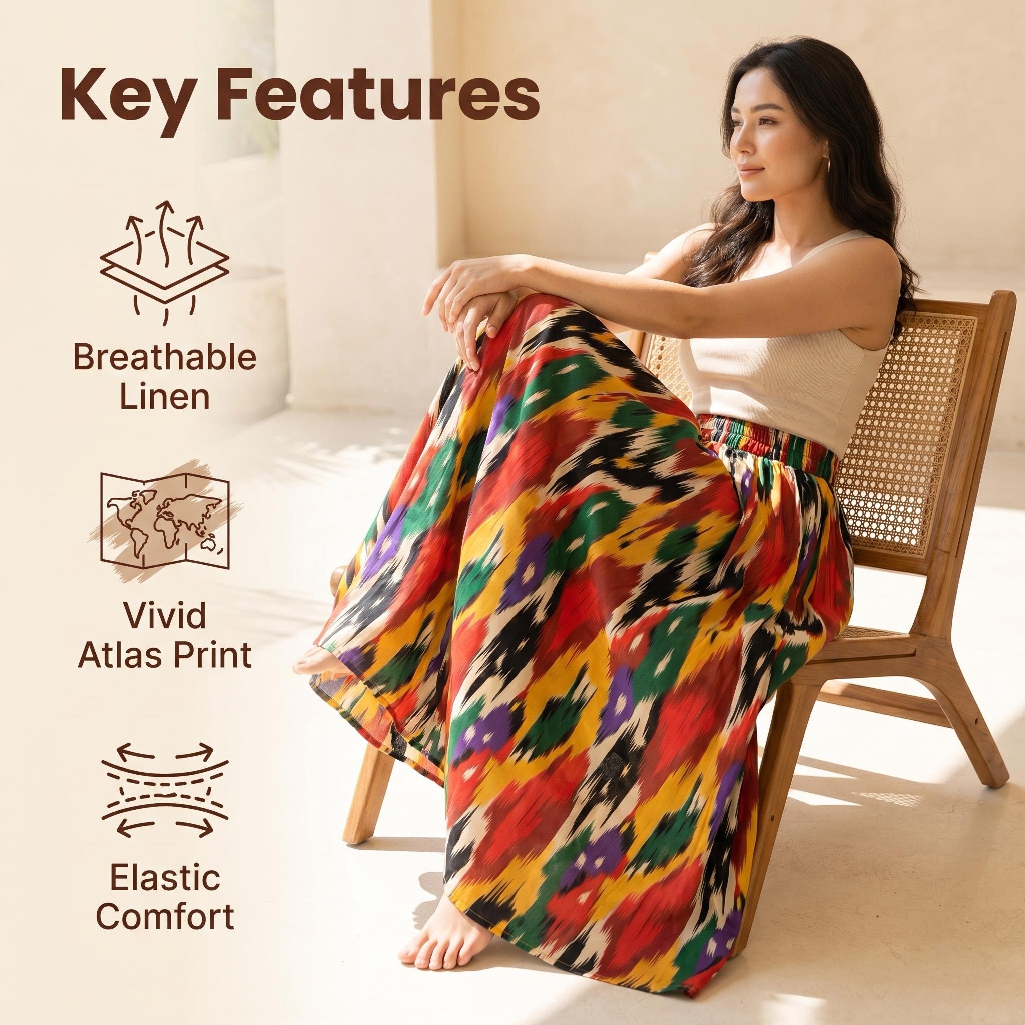 Royal Atlas Ikat Linen Maxi Skirt – 100% Linen Heritage A-Line Skirt (One Size)