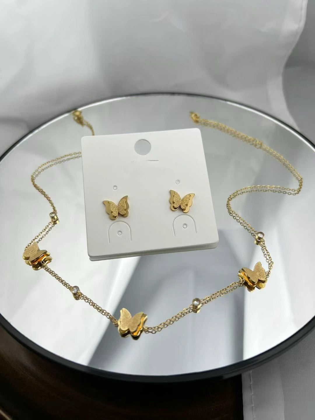 Gold Color Stainless Steel Butterfly Layered Necklace & Earrings Set(86)