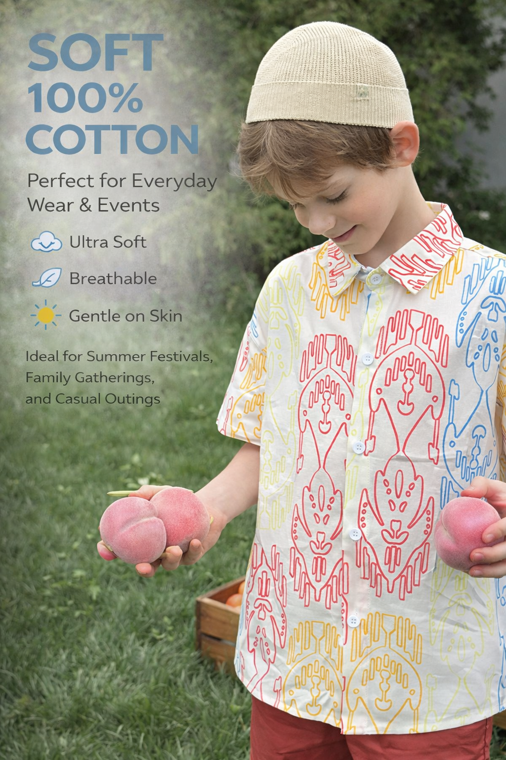 Boys’ Multicolor Ikat-Inspired Cotton Shirt – 100% Soft Cotton