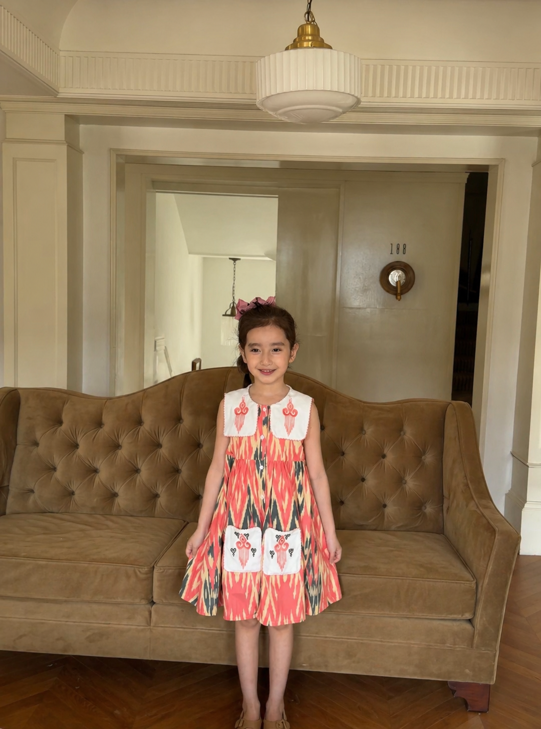 Girls Atlas Ikat Cotton Dress – Embroidered Collar Dress with Patch Pocket Design