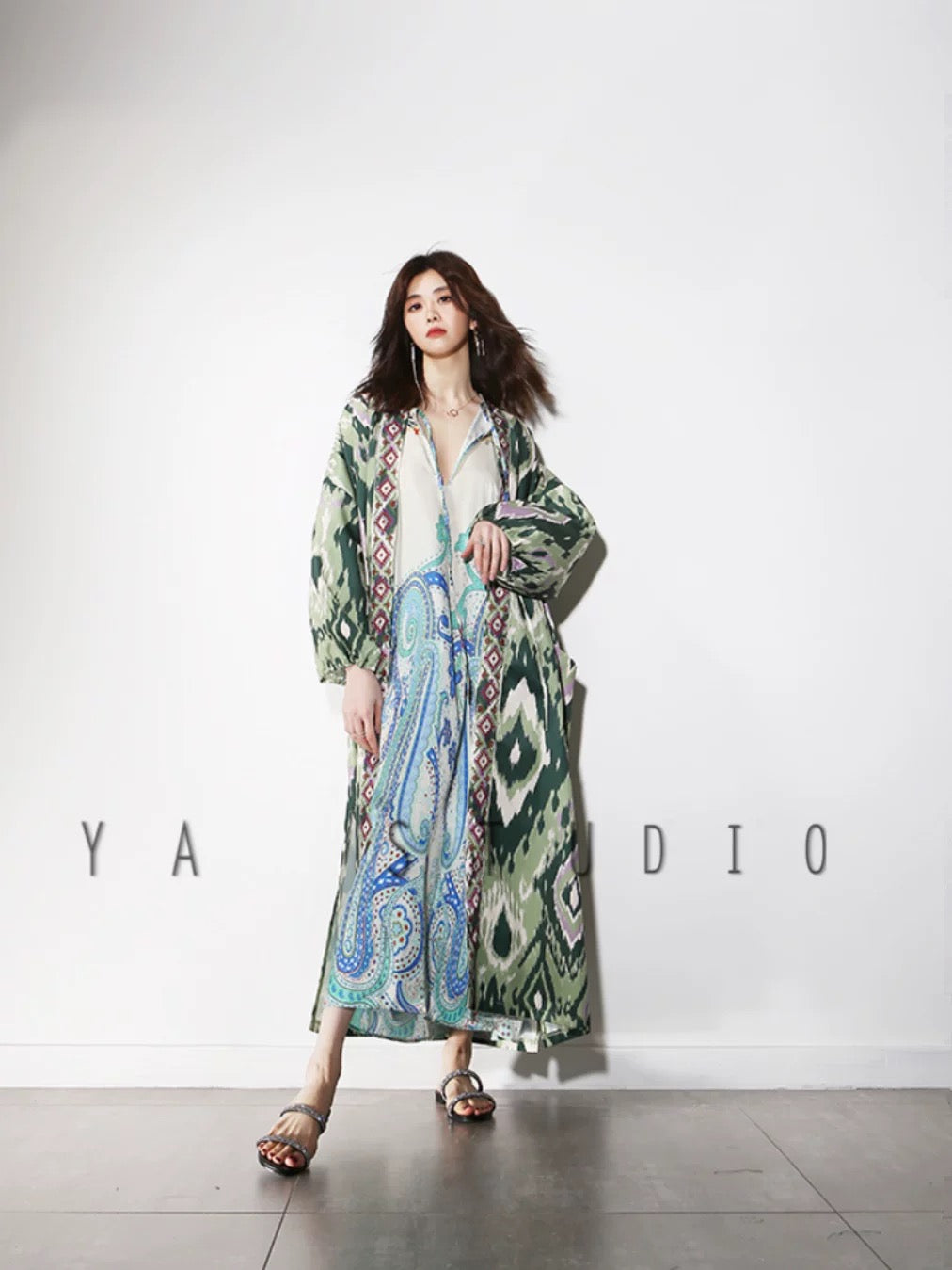 Ethnic Style Ikat Print Kimono Coat with Waist Tie – Mid-Length