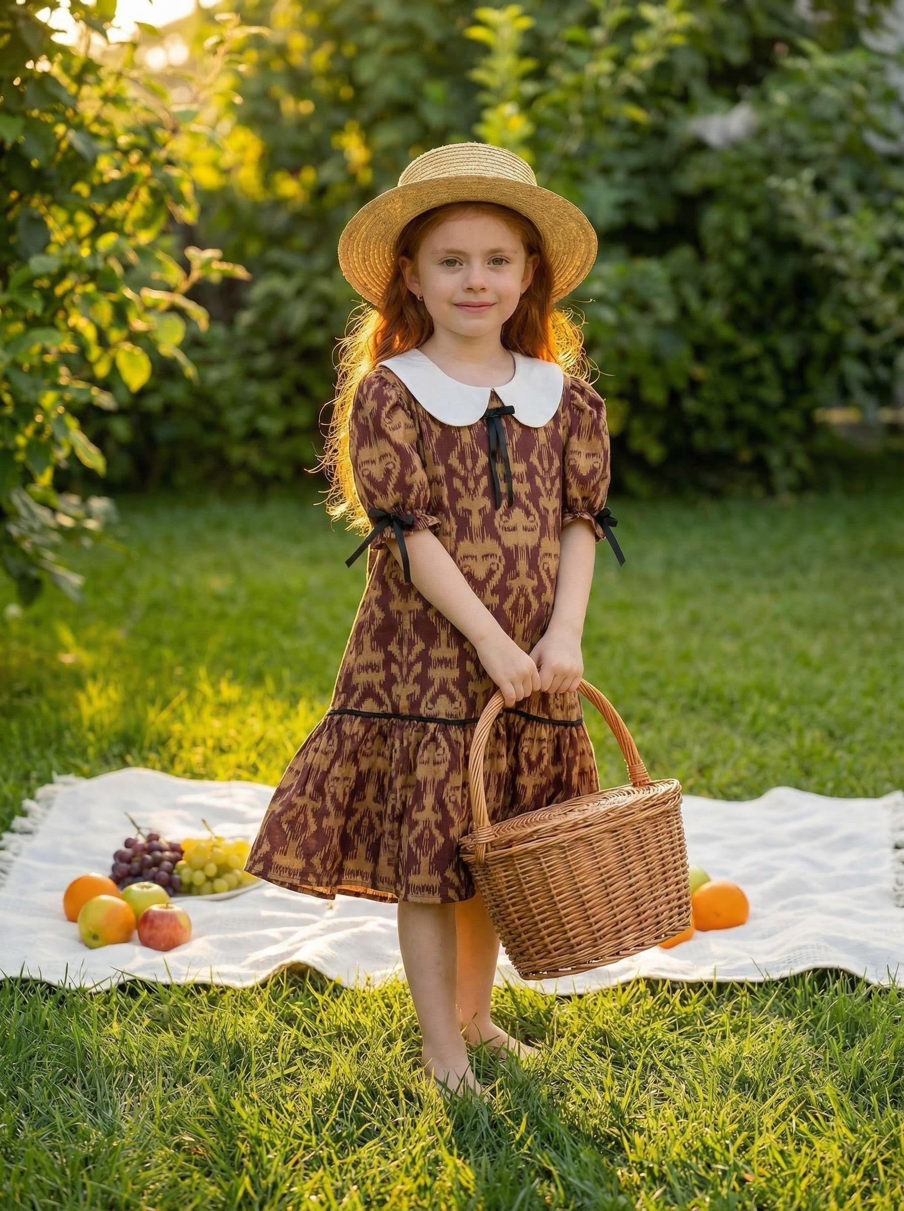 girl wearing vintage puff sleeve ikat cotton dress summer outfit