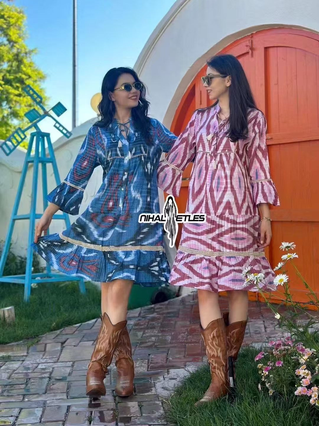 Boho Hand-Dyed Ikat Tassel Dress – Cotton Comfort in Pink & Blue