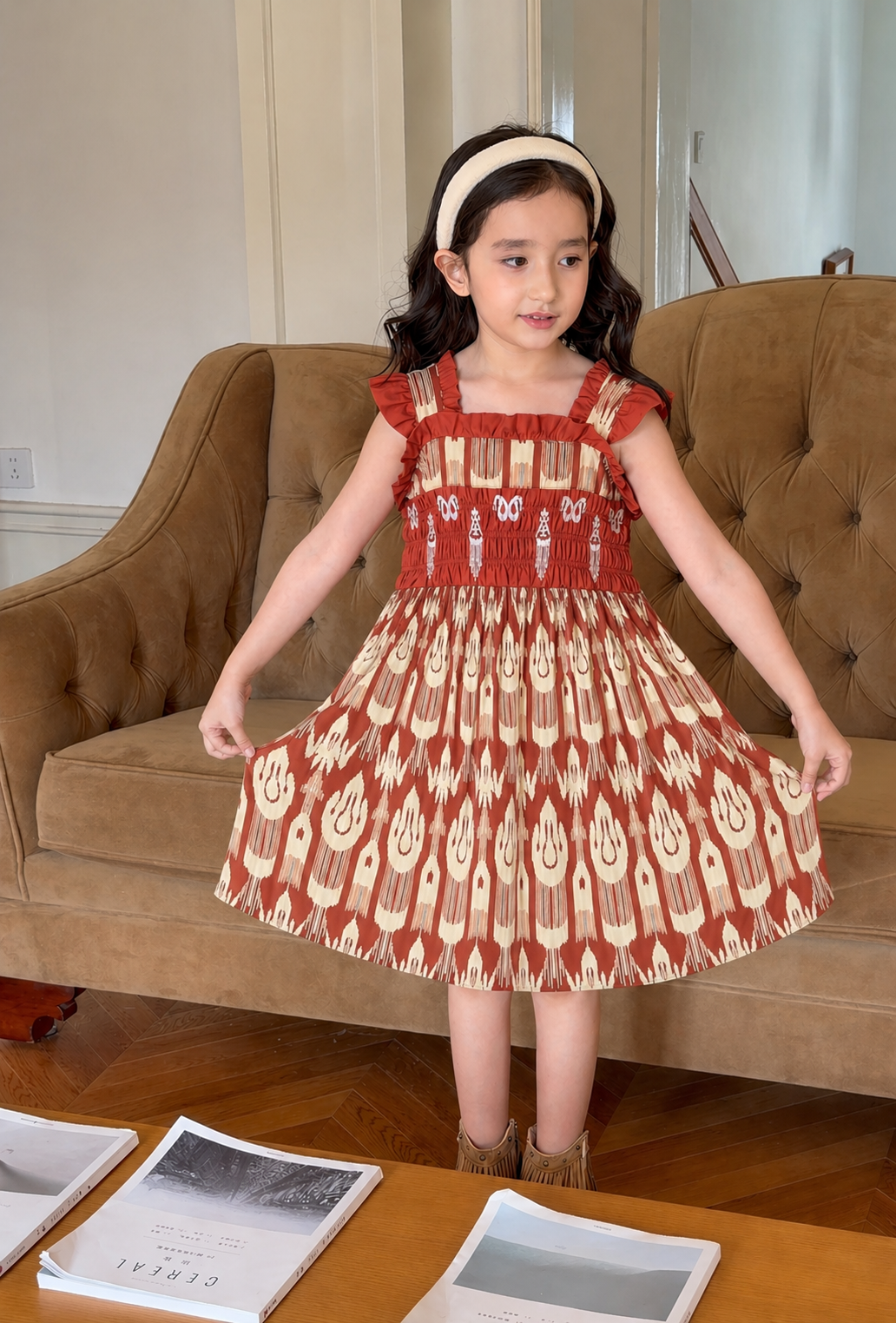 Girls Cotton Atlas Dress β Smocked Ikat Dress (Red & Pink)