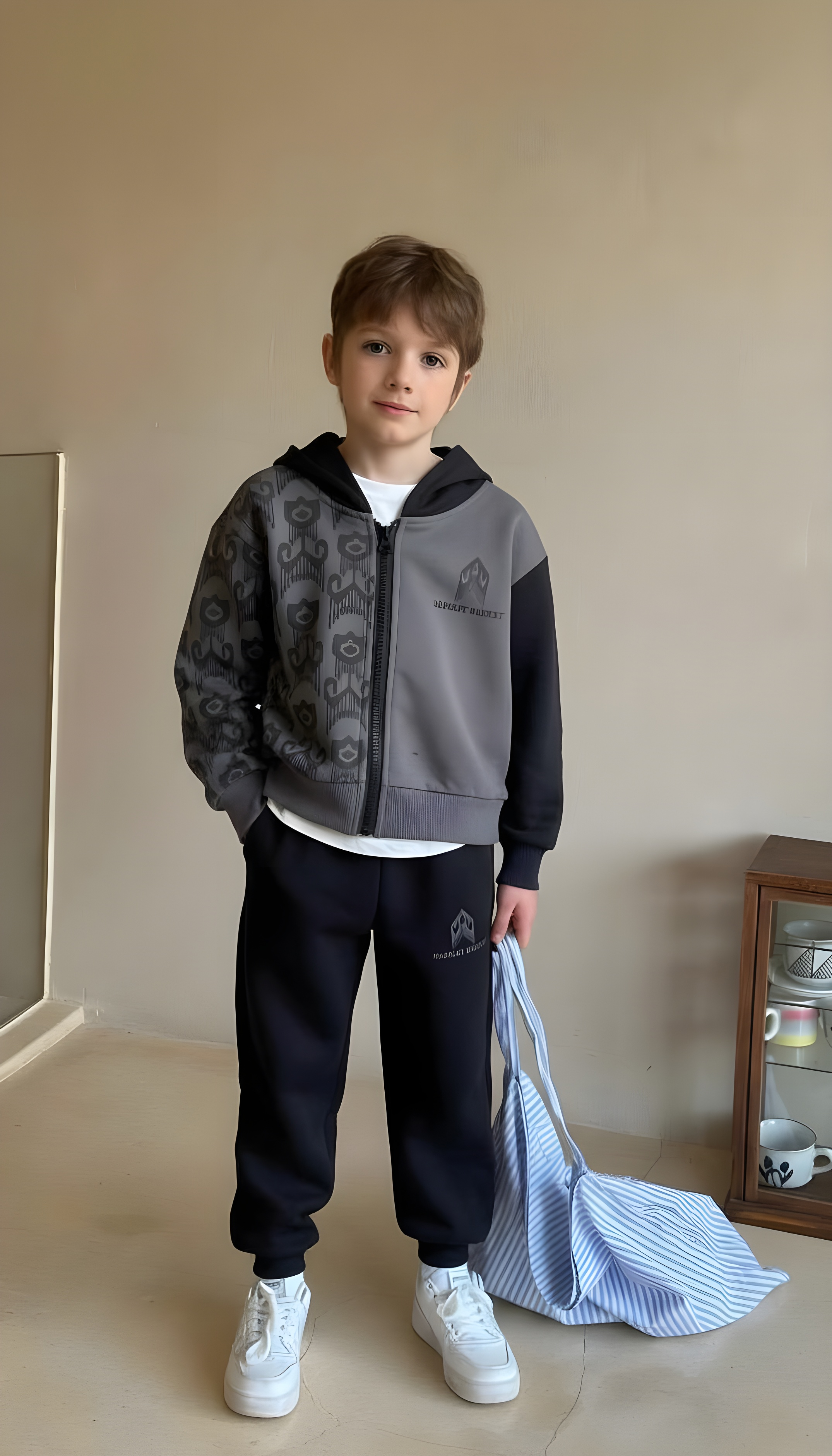 Charcoal Ikat Zip Hoodie Set