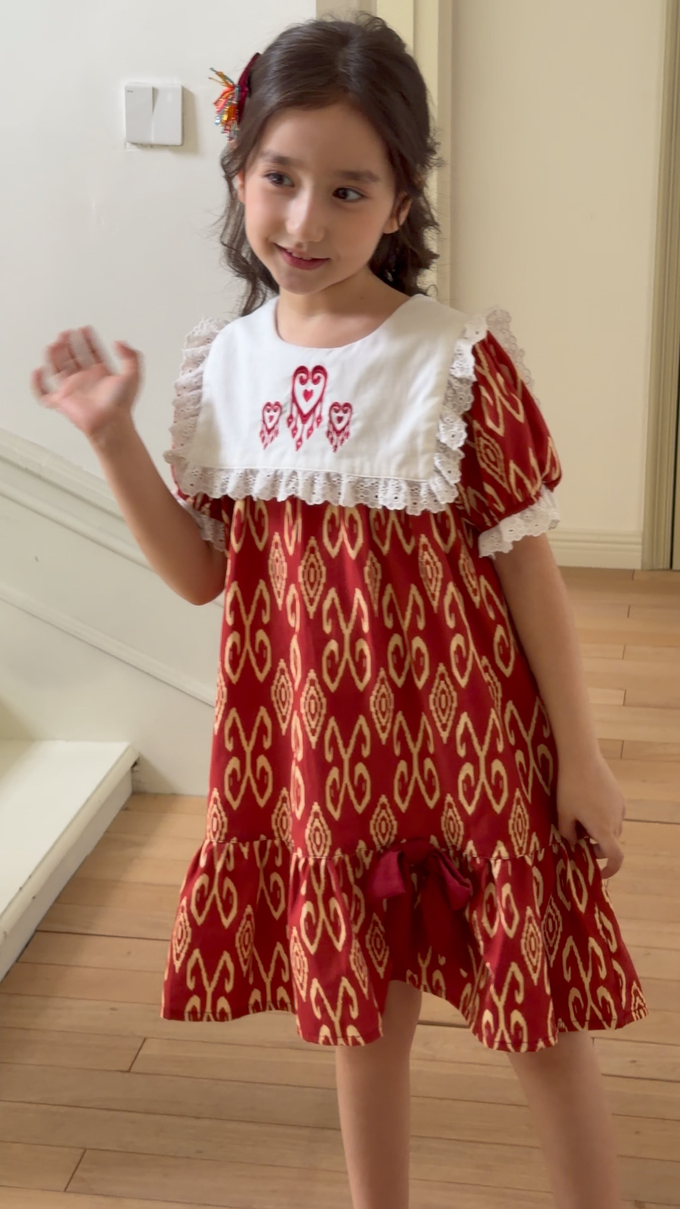 Atlas Red Cotton Dress for Girls – Embroidered Vintage Princess Dress