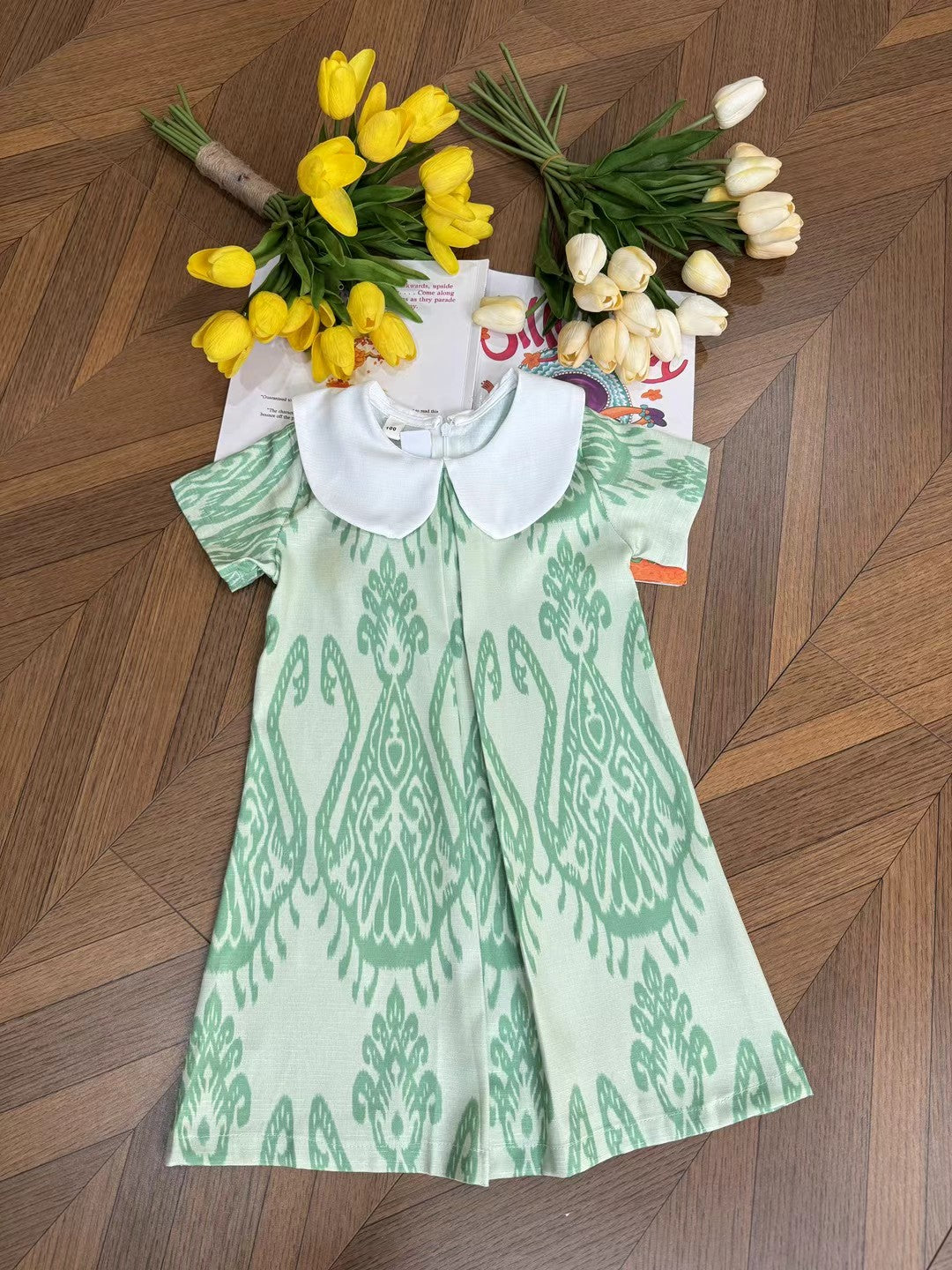 Under age 5: Girls Ikat Linen Dress – Lightweight Breathable Summer Dress (Green)