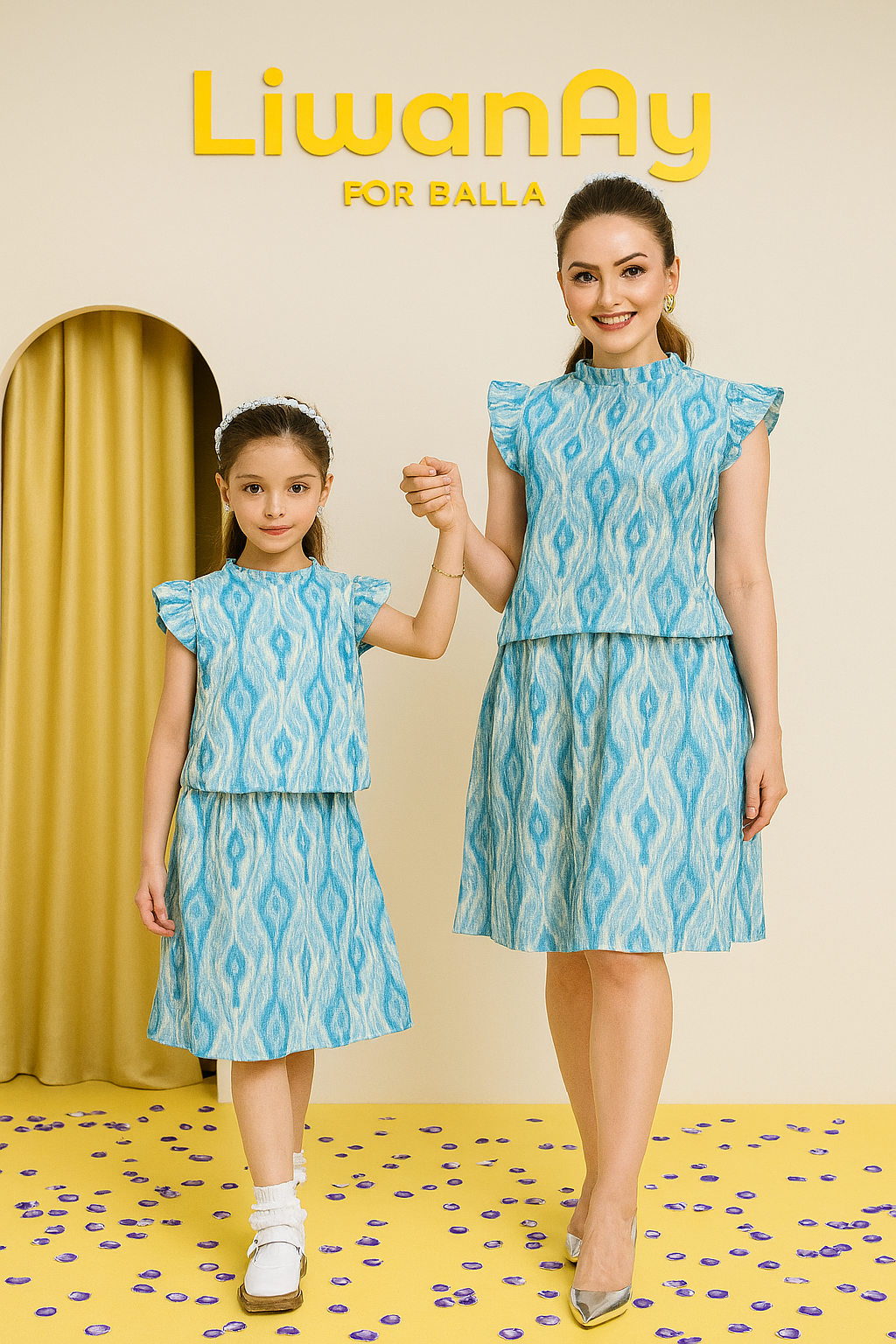 “Sky Bloom” Atlas Ikat Dress – Lightweight & Elegant with Flutter Sleeves