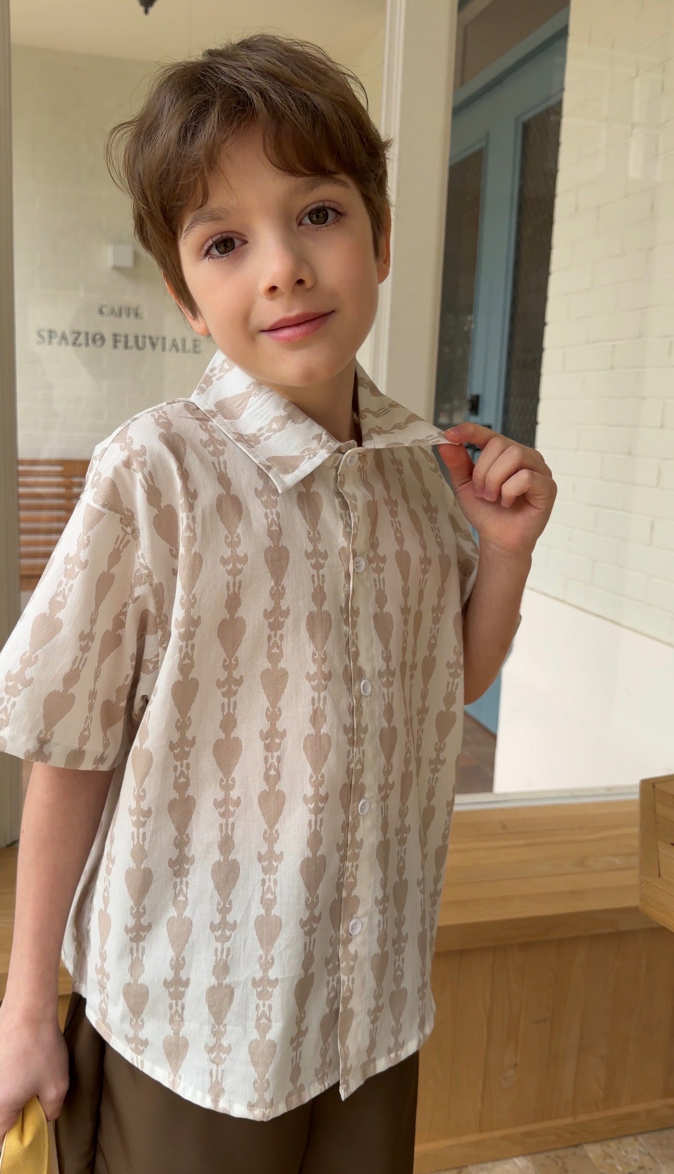 boys neutral ikat cotton shirt atlas pattern summer outfit