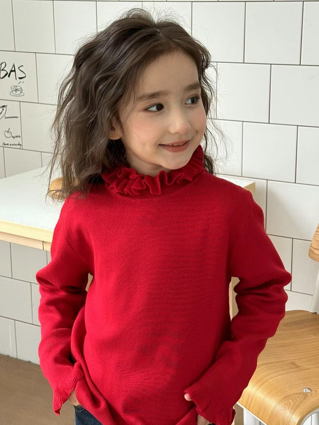 Girls’ Knit Dress – Solid Red with Ruffled High Neck