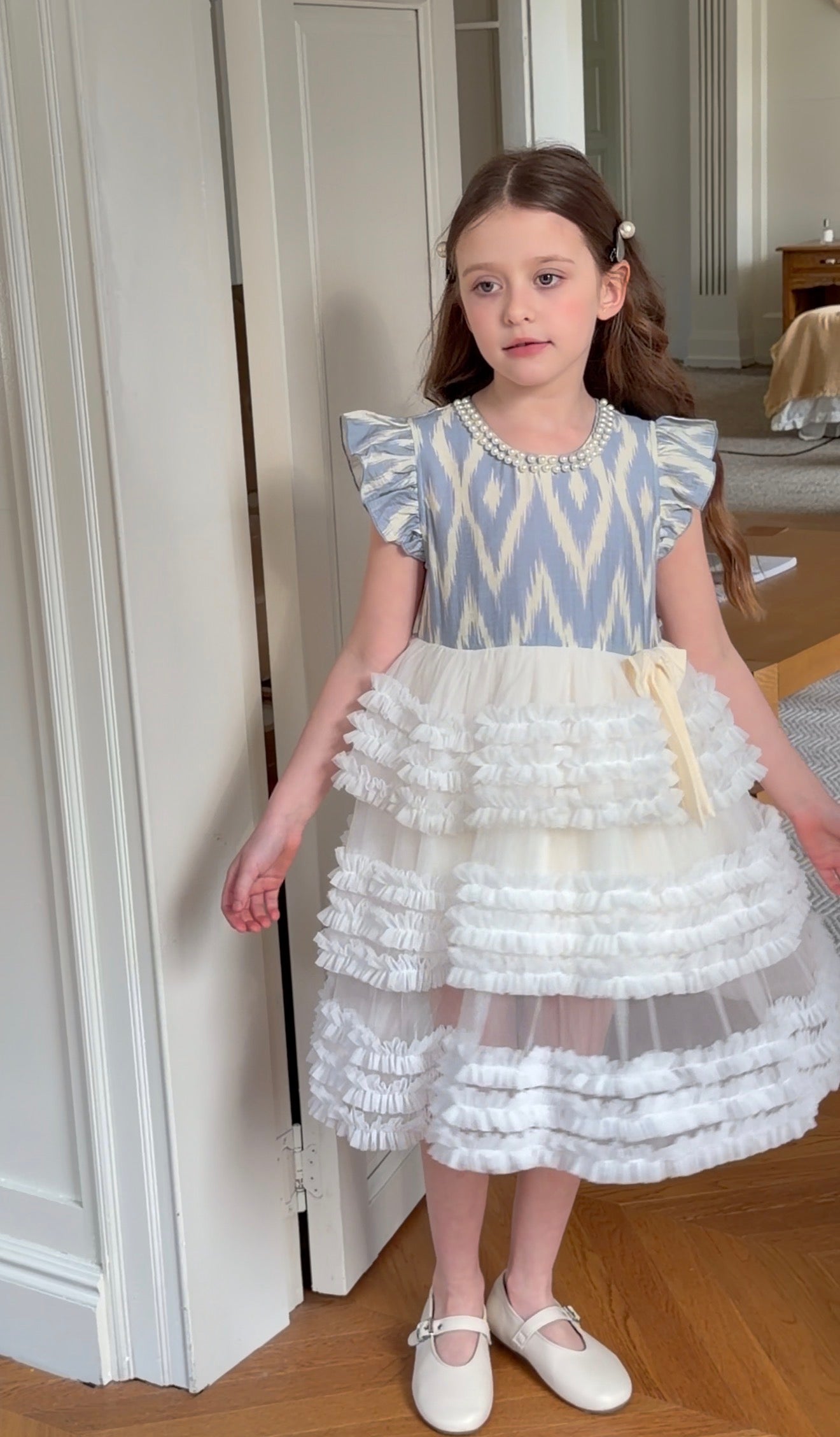 Girls Atlas Ikat Couture Princess Dress – Layered Tulle Dress with Pearl Neckline