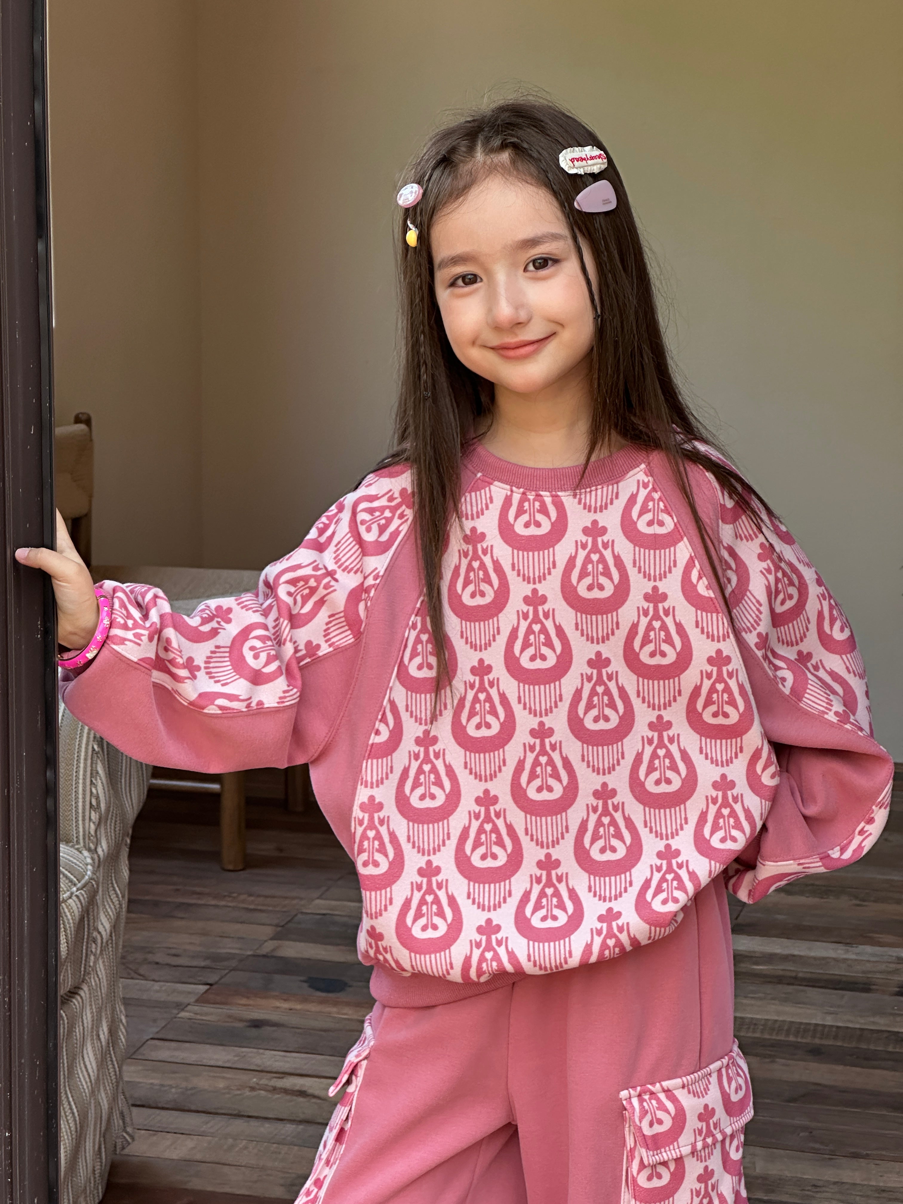 Pink Atlas/Ikat Sweatshirt Set