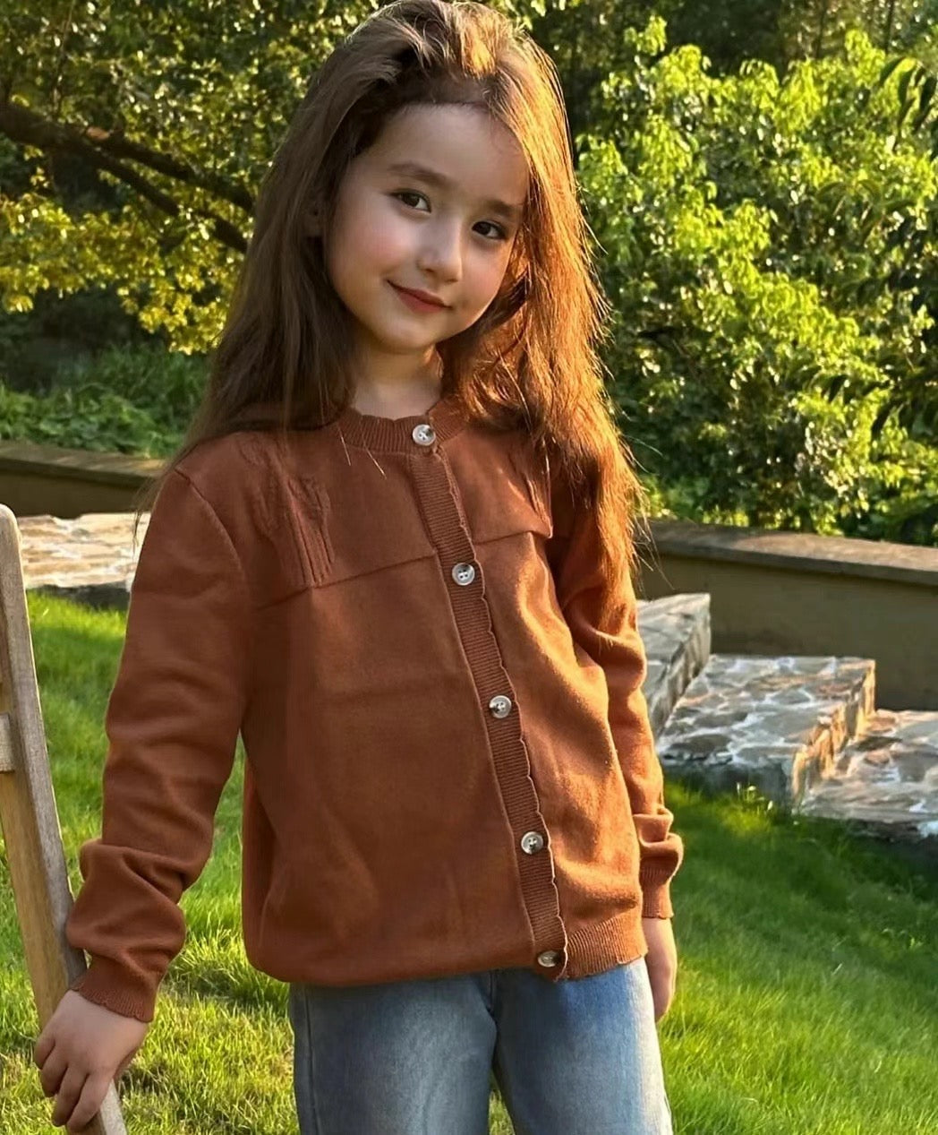 Girls' Retro Knit Cardigan with Raised Atlas Embroidery – Burgundy