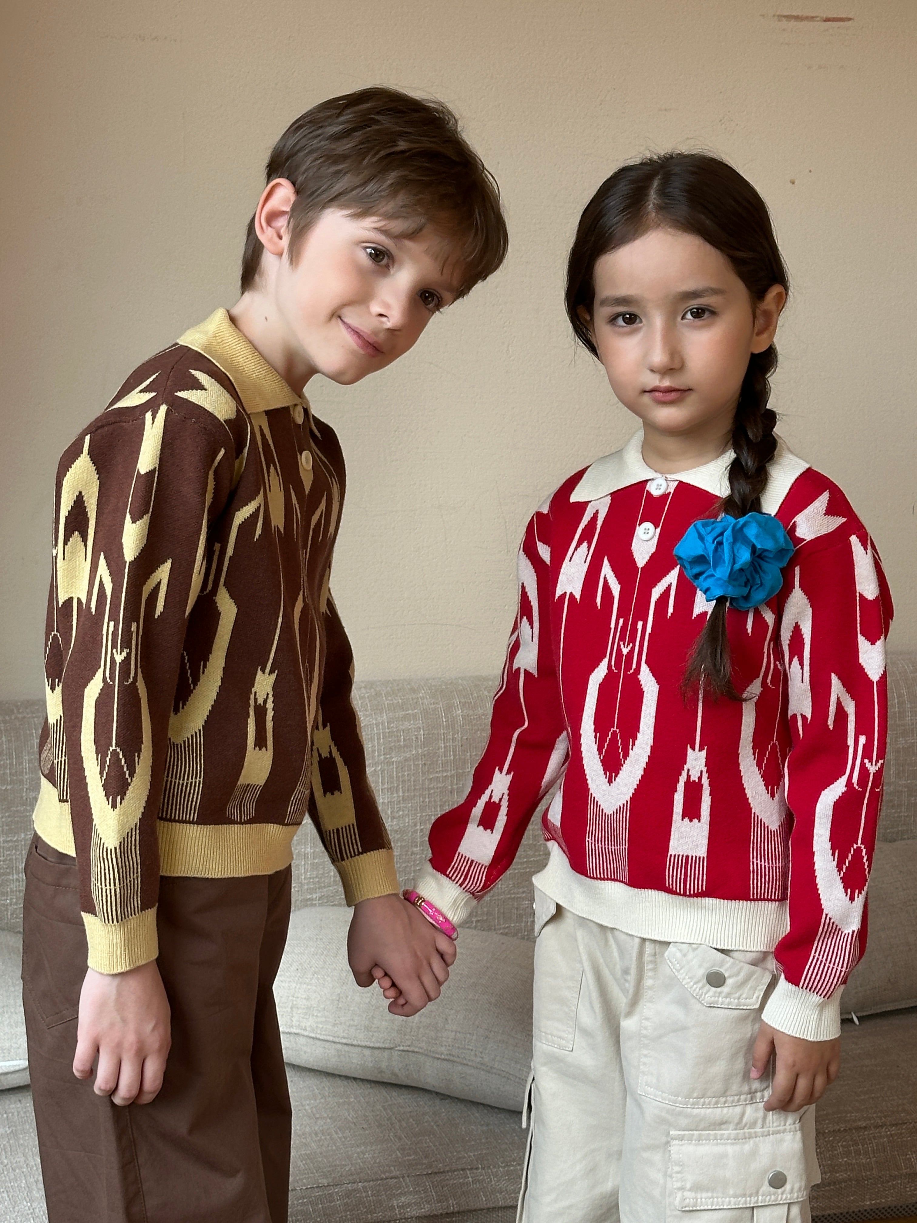 Kids’ Ikat Knit Polo Sweater — Red & Brown