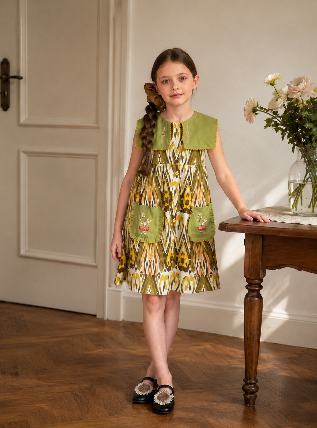 Embroidered Atlas Cotton Dress for Girls – Vintage Pocket Dress