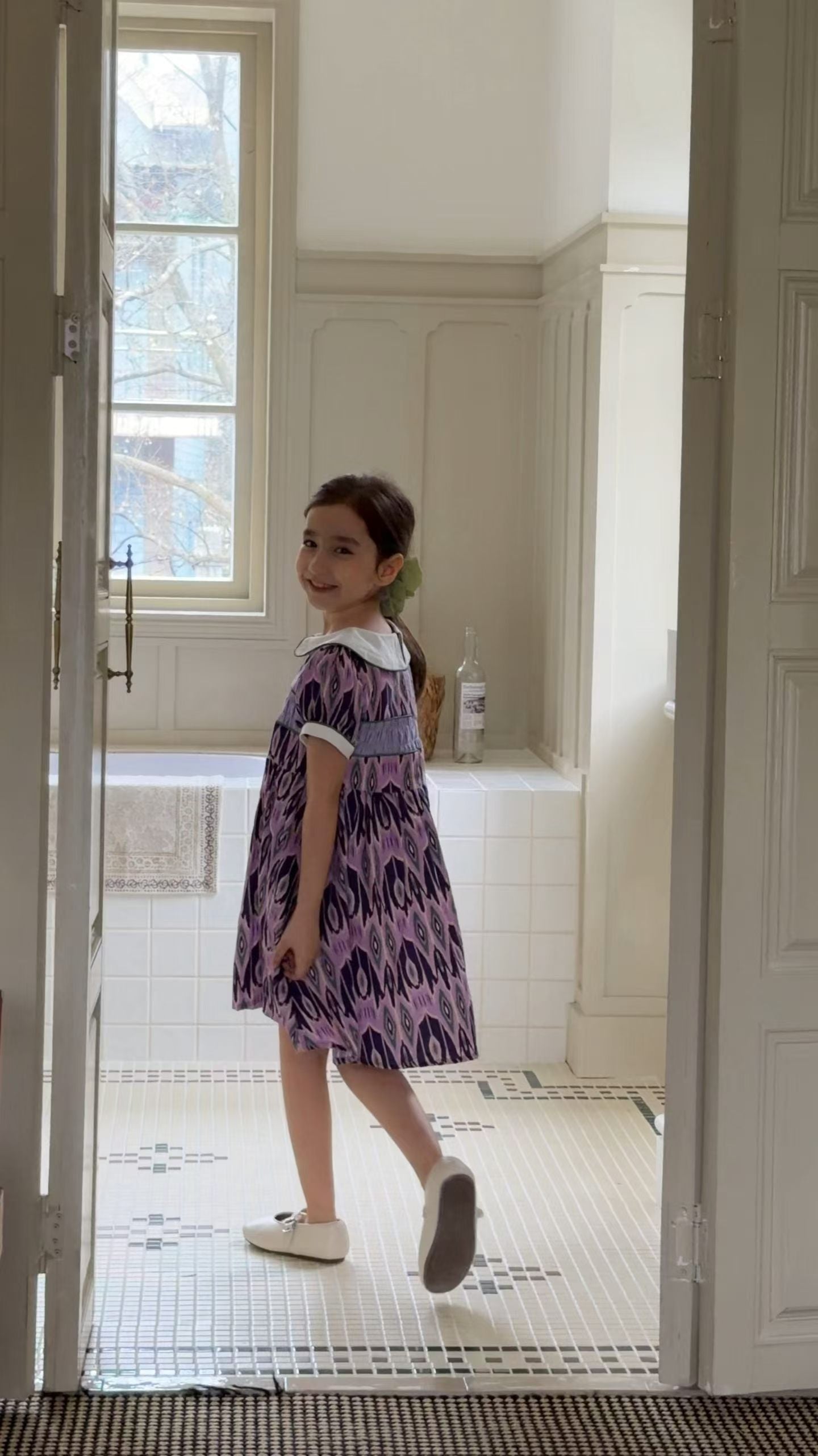 Girls Cotton Atlas Dress – Purple Ikat Dress with Peter Pan Collar