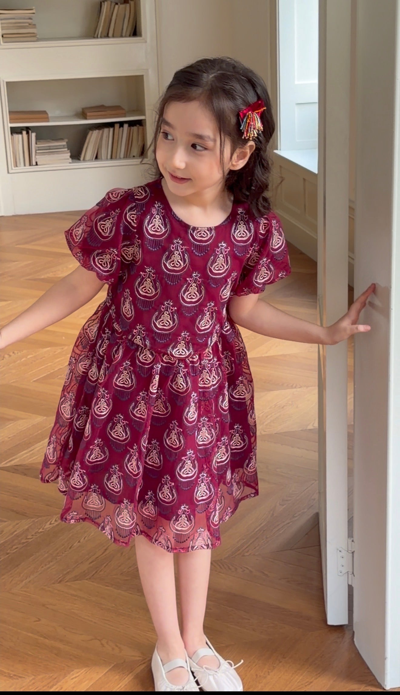 Girls Cotton Blend Atlas Dress – Burgundy Ikat Flowy Dress
