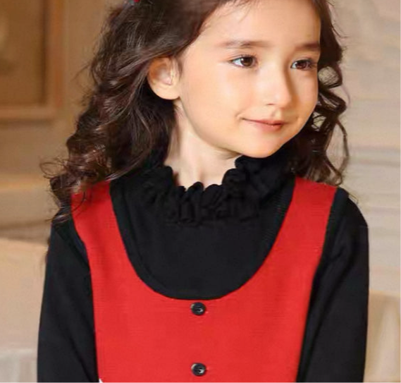 Girls’ Knit Dress – Solid Red with Ruffled High Neck