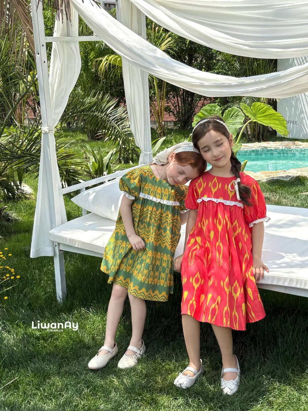 “Sunlit Berry” Atlas Cotton Puff Sleeve Dress – Crimson Red with Yellow Accents