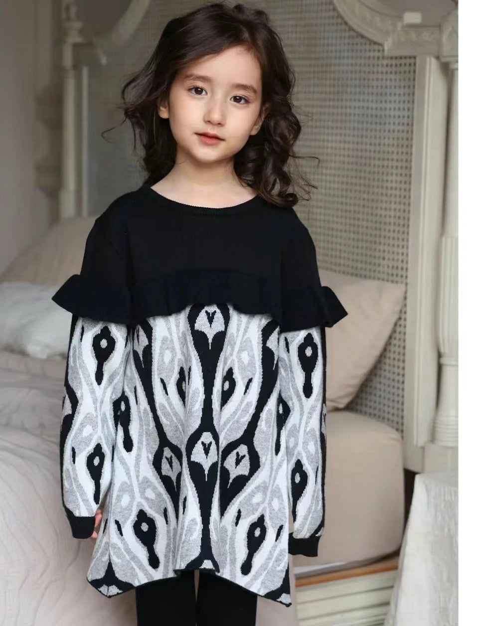 Girls’ Knit Dress – Black Ikat Pattern
