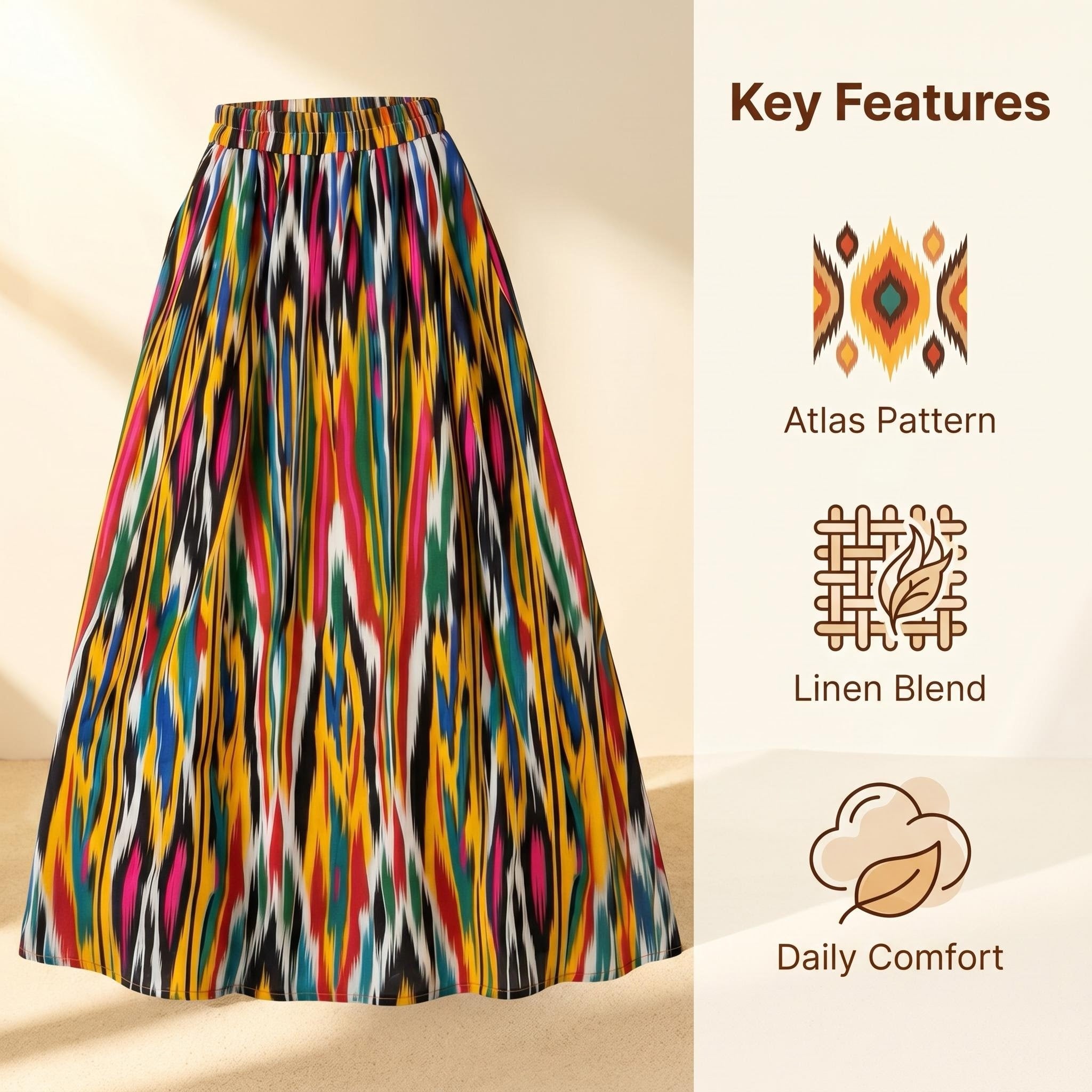 Silk Road Ikat Linen Maxi Skirt – 100% Linen Heritage A-Line Skirt(One Size)