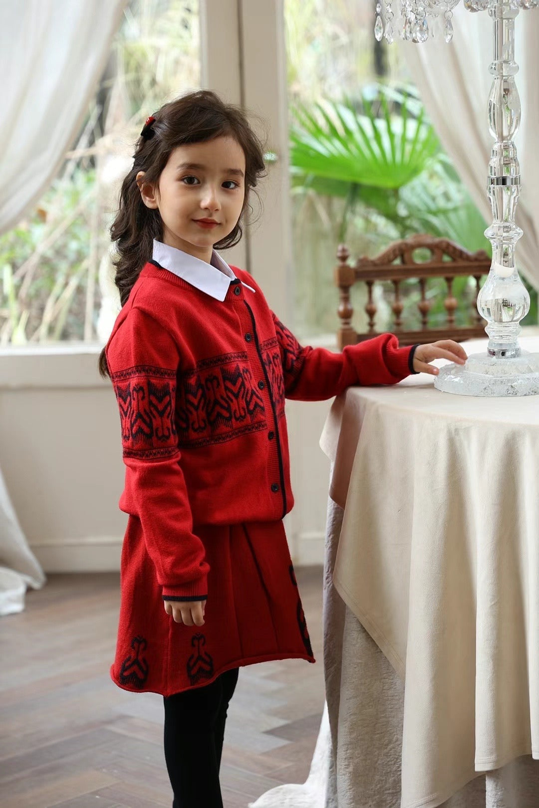 Girls’ Knit Two-Piece Set – Soft Red Cardigan & Skirt
