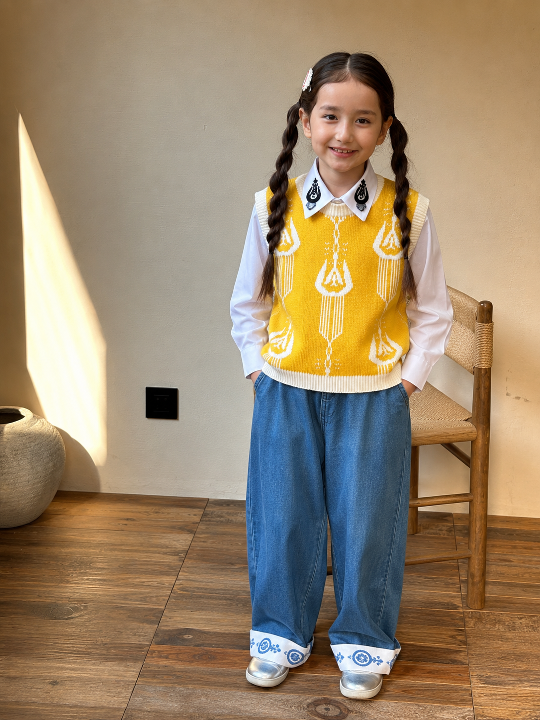 Girl with braids wearing the yellow knit vest with white ikat embroidery over a white shirt and blue jeans
