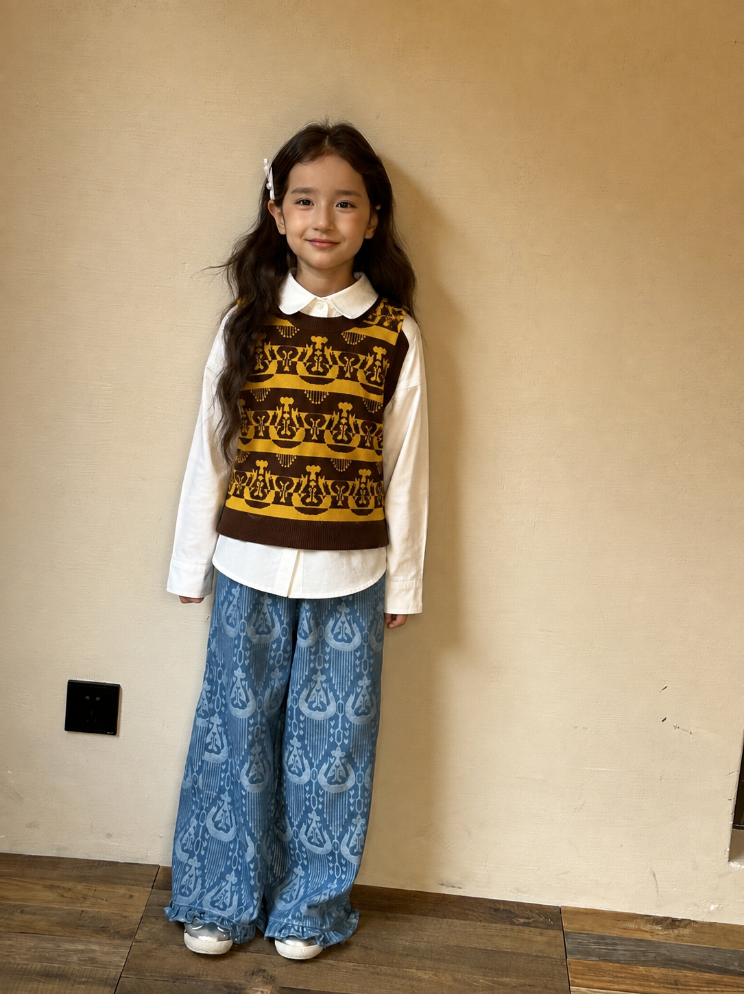 Girl wearing the brown and mustard Atlas knit vest over a white shirt with blue patterned wide-leg pants, against a beige wall