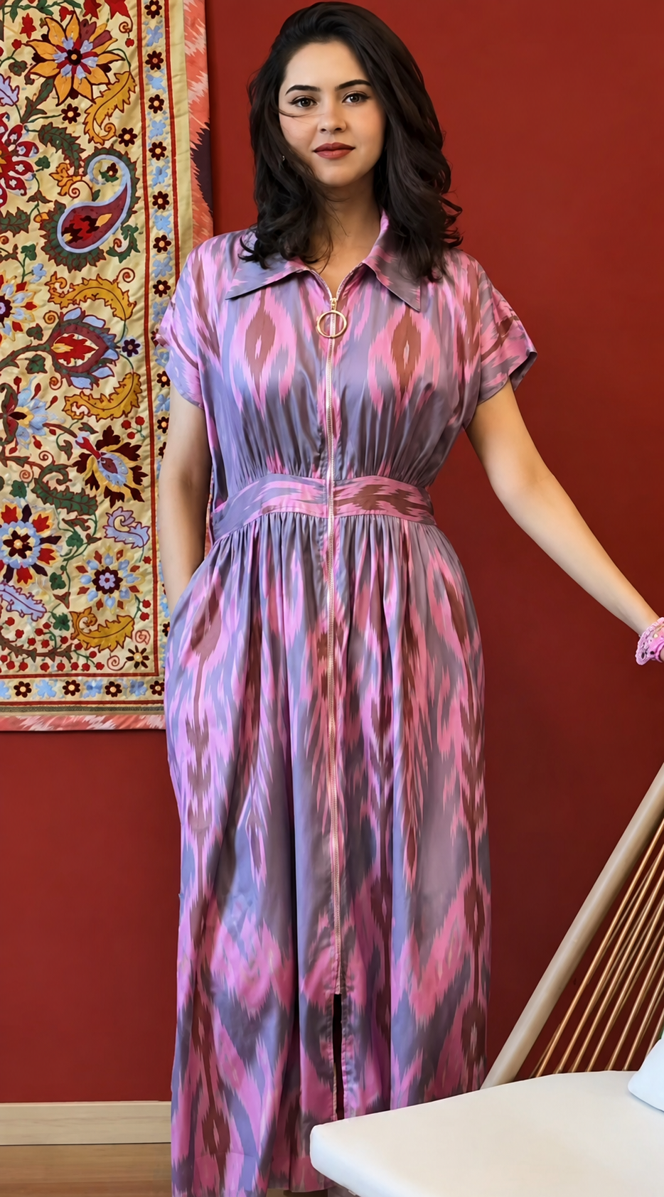 Azure Orchid Silk Blend Zip Dress