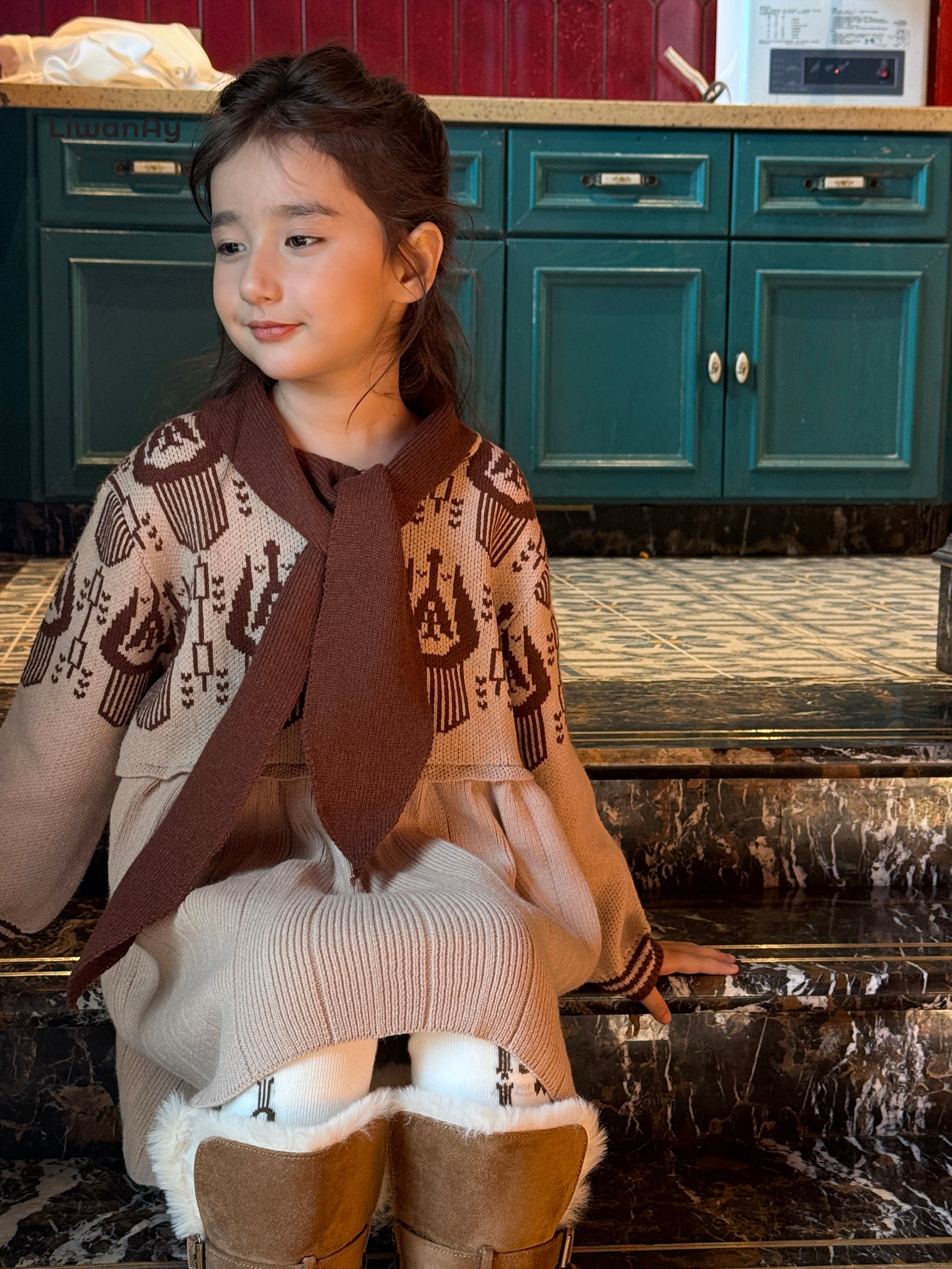 Vintage Atlas Knit Dress – Cultural Pattern Sweater Dress for Girls