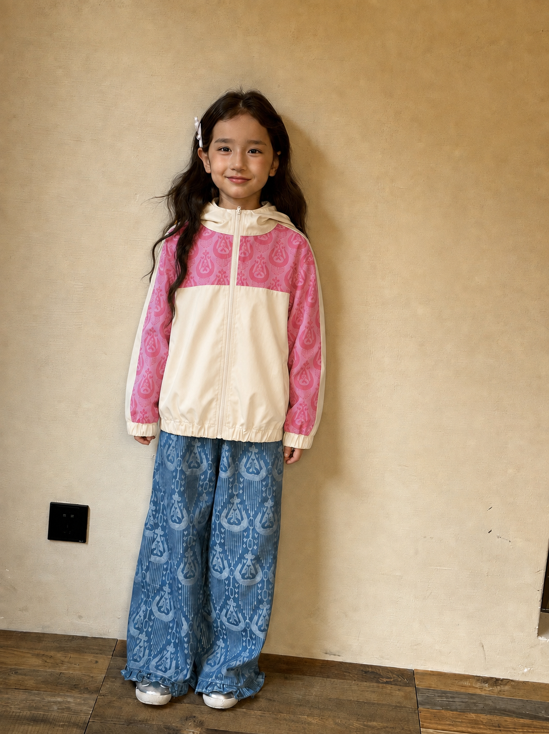 Girl wearing the pink and white ikat windbreaker jacket with blue patterned pants, against a beige wall