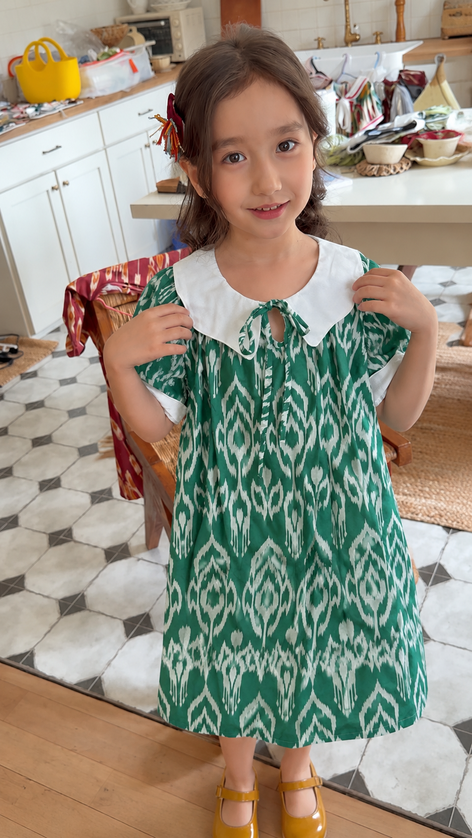 Green Ikat Cotton Dress with White Collar