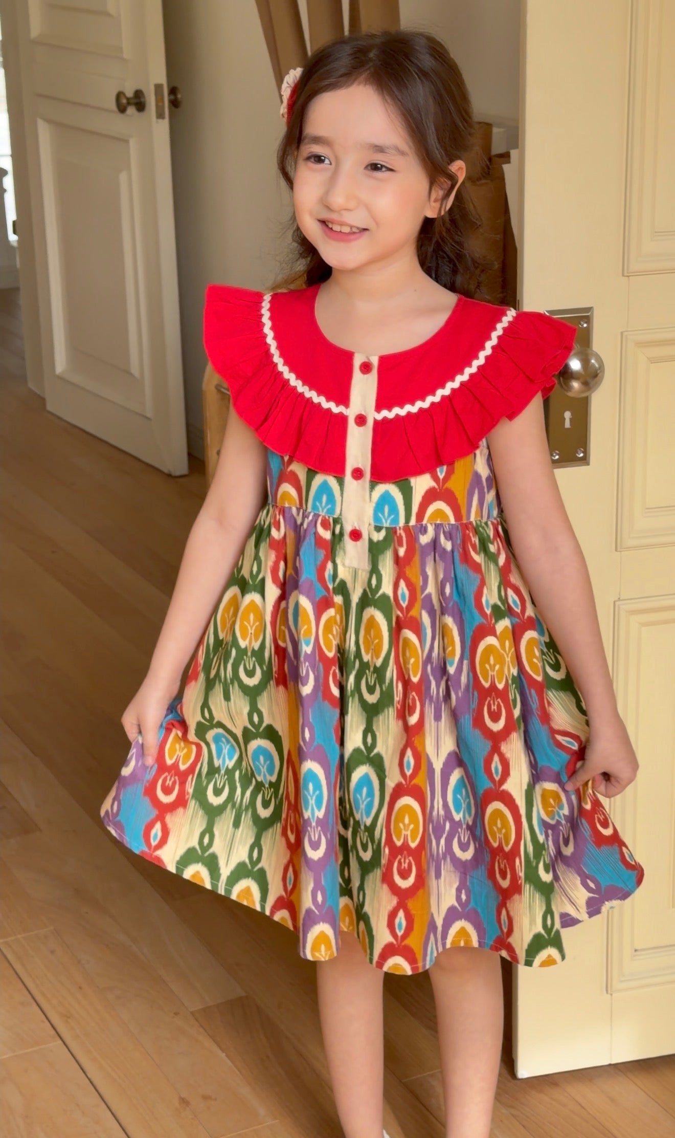 Girls Atlas Ikat Cotton Dress – Colorful Ruffle Summer Party Dress