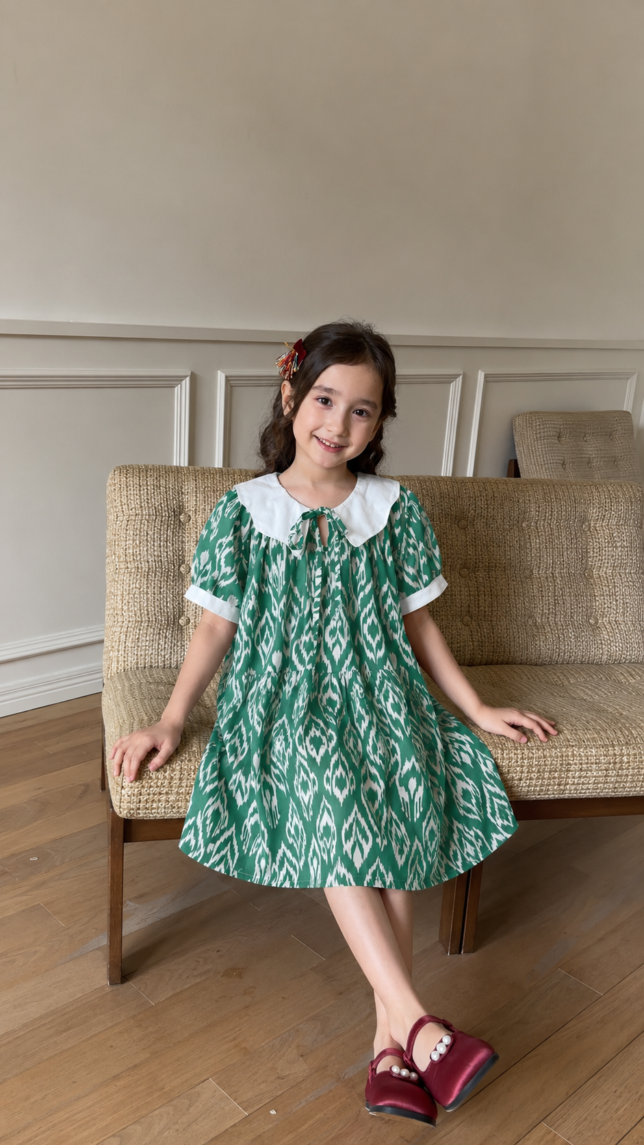 Green Ikat Cotton Dress with White Collar