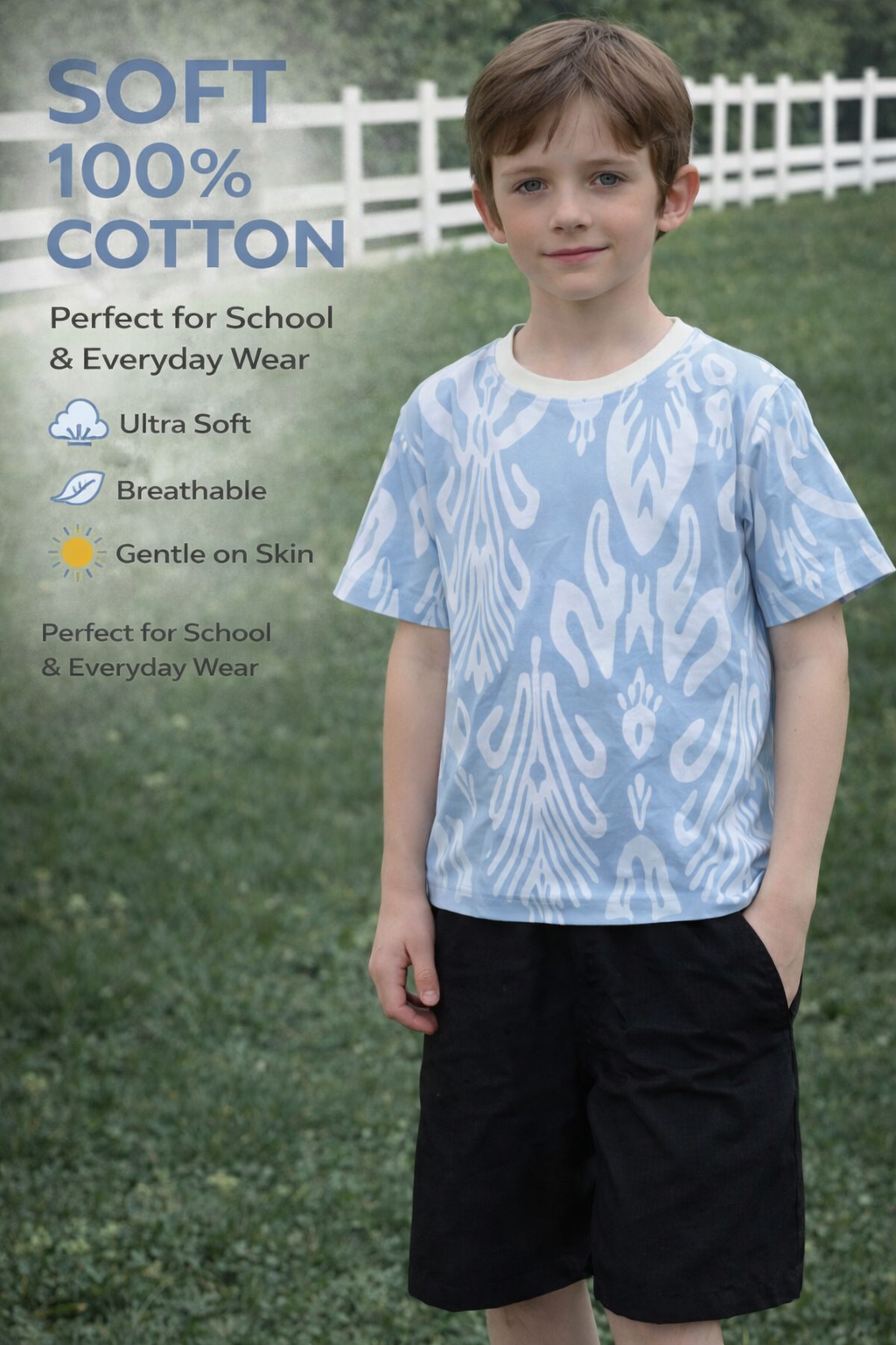 Child wearing a blue patterned shirt with text about soft 100% cotton clothing.