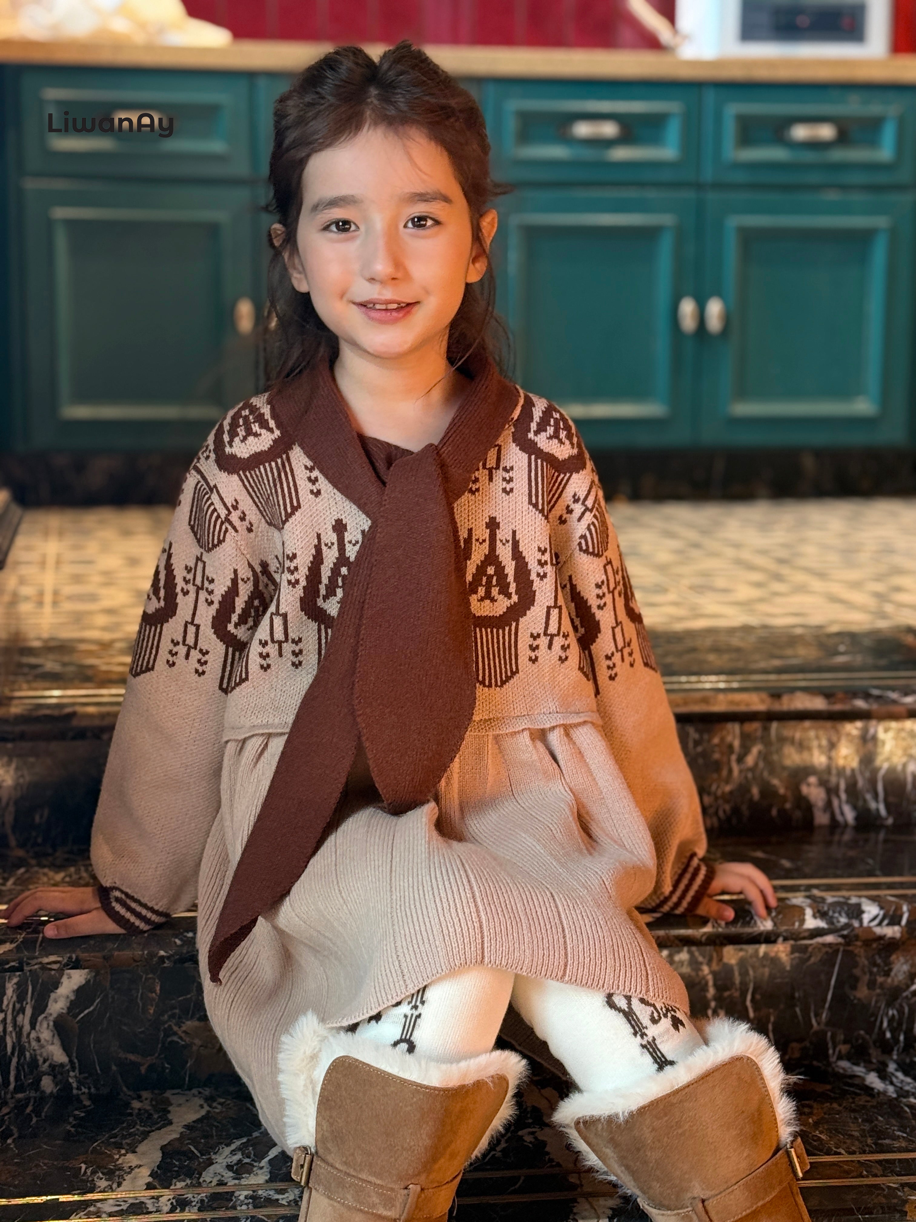 Vintage Atlas Knit Dress – Cultural Pattern Sweater Dress for Girls