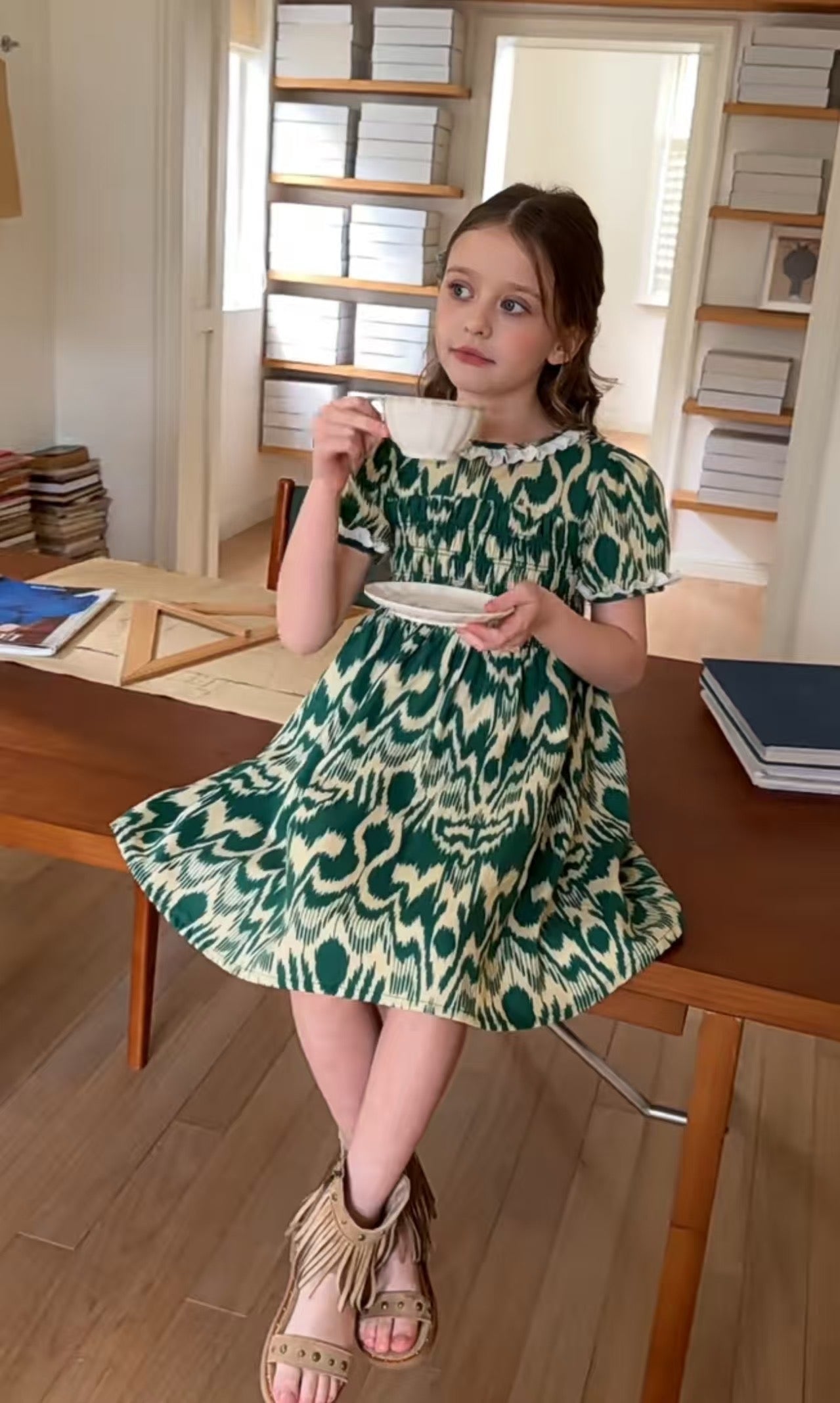 Green Atlas Cotton Dress for Girls β Smocked Vintage Princess Dress